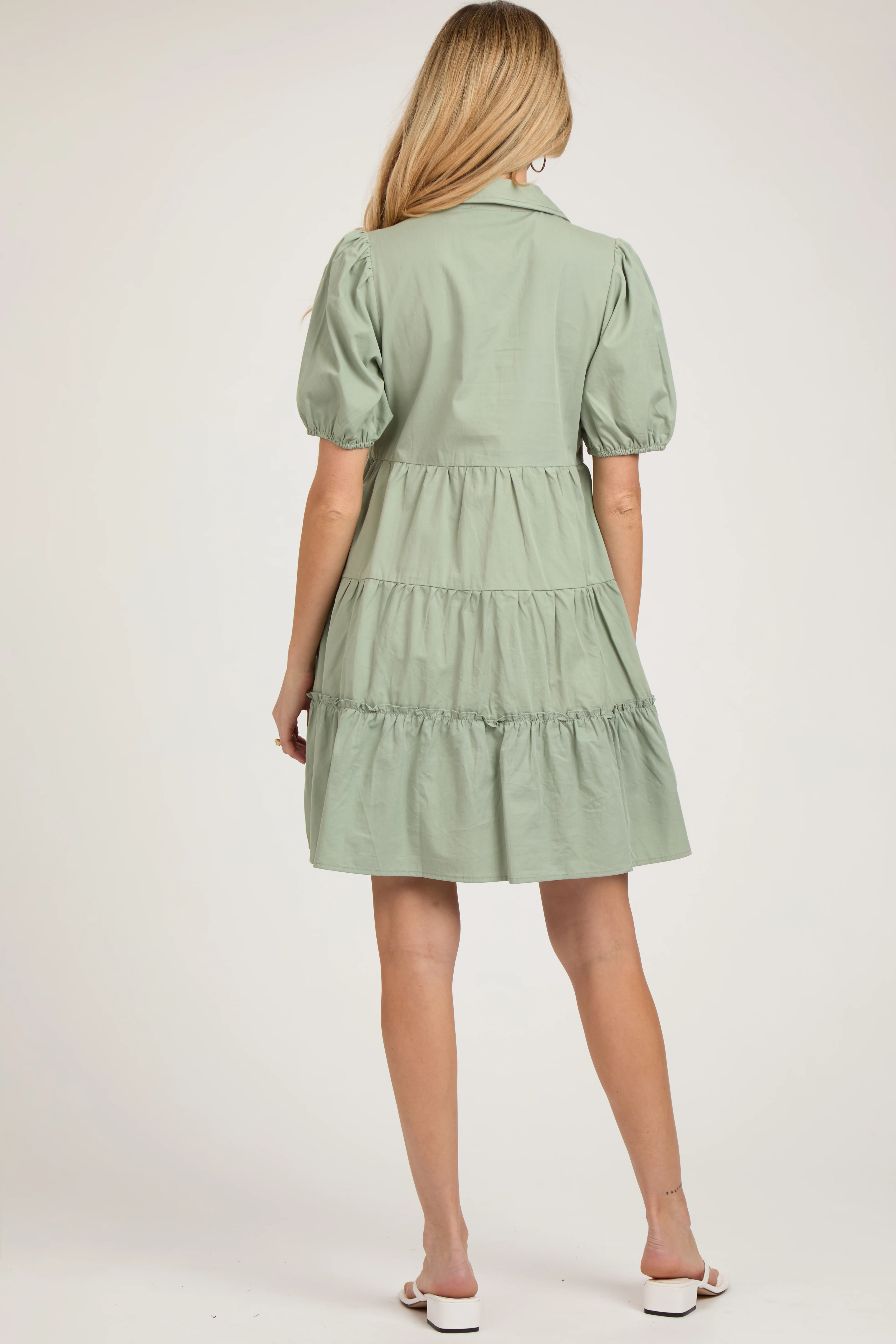 Light Olive Collared Tiered Maternity Dress - Image 4