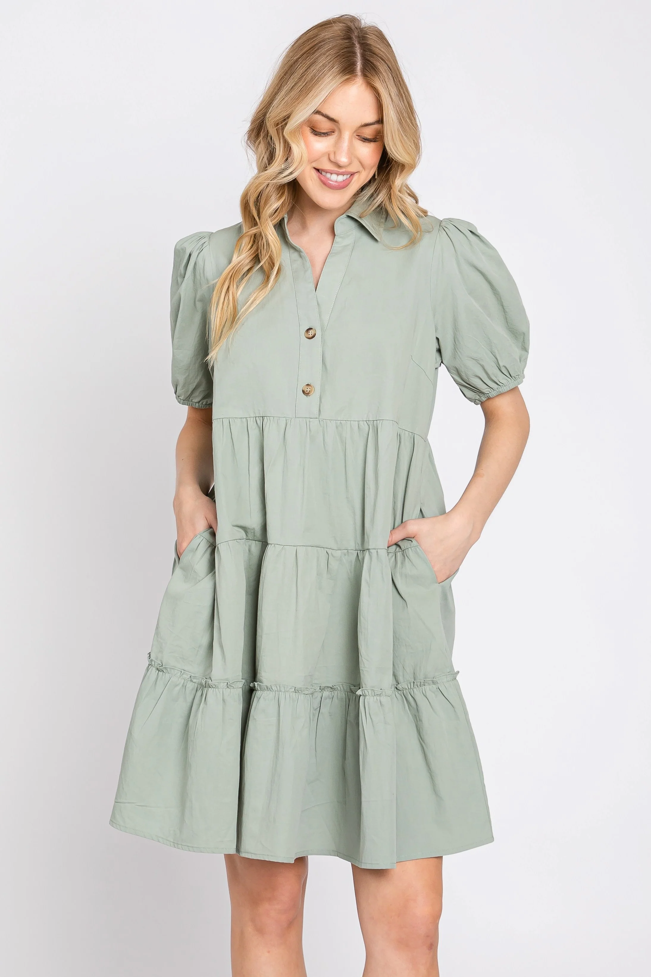 Light Olive Collared Tiered Maternity Dress - Image 5