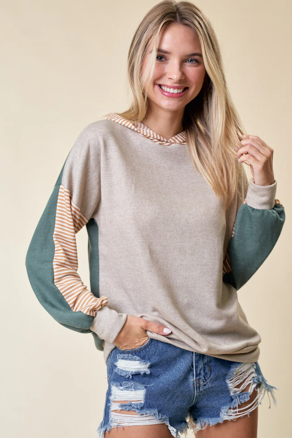 Light Olive Colorblock Stripe Maternity Pullover Hoodie - Image 4