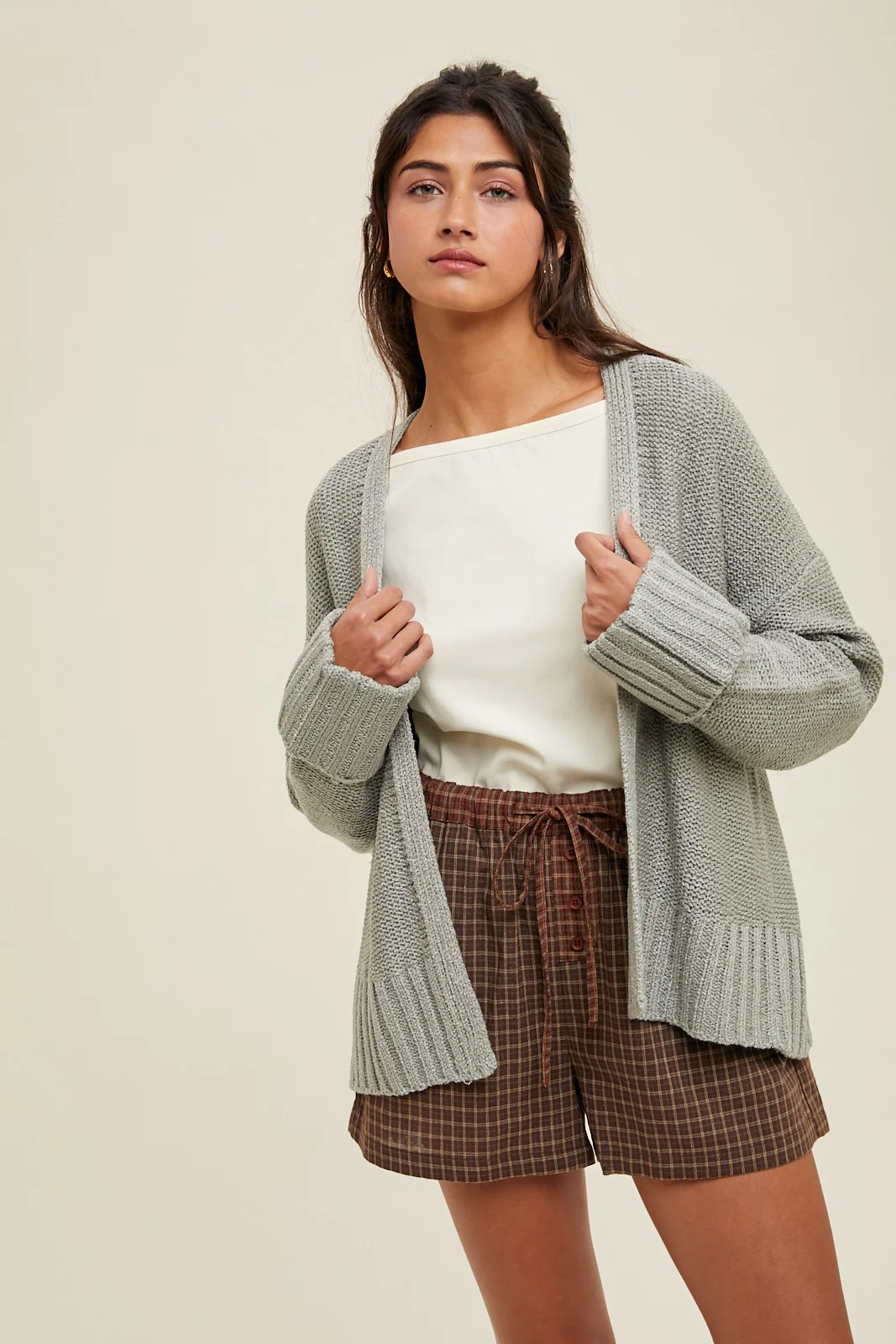 Light Olive Contrast Knit Open Maternity Cardigan - Image 4