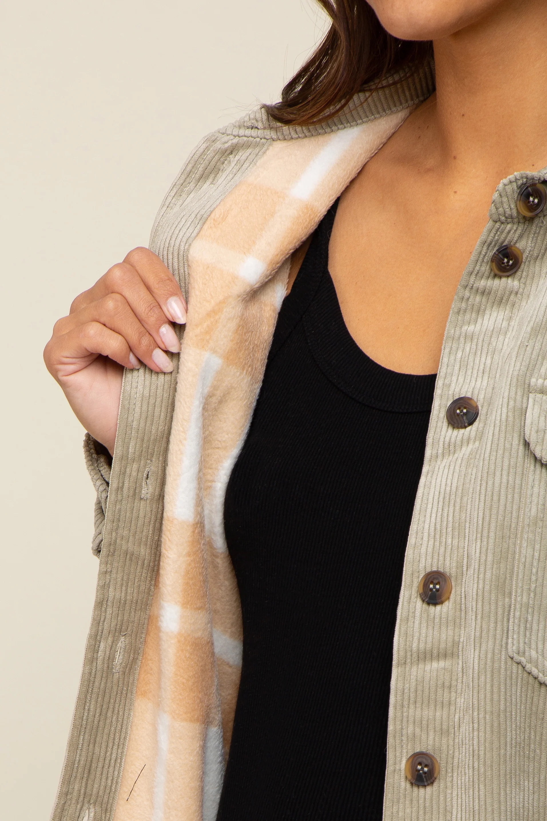 Light Olive Corduroy Plaid Fleece Lined Button Down Maternity Shacket - Image 4