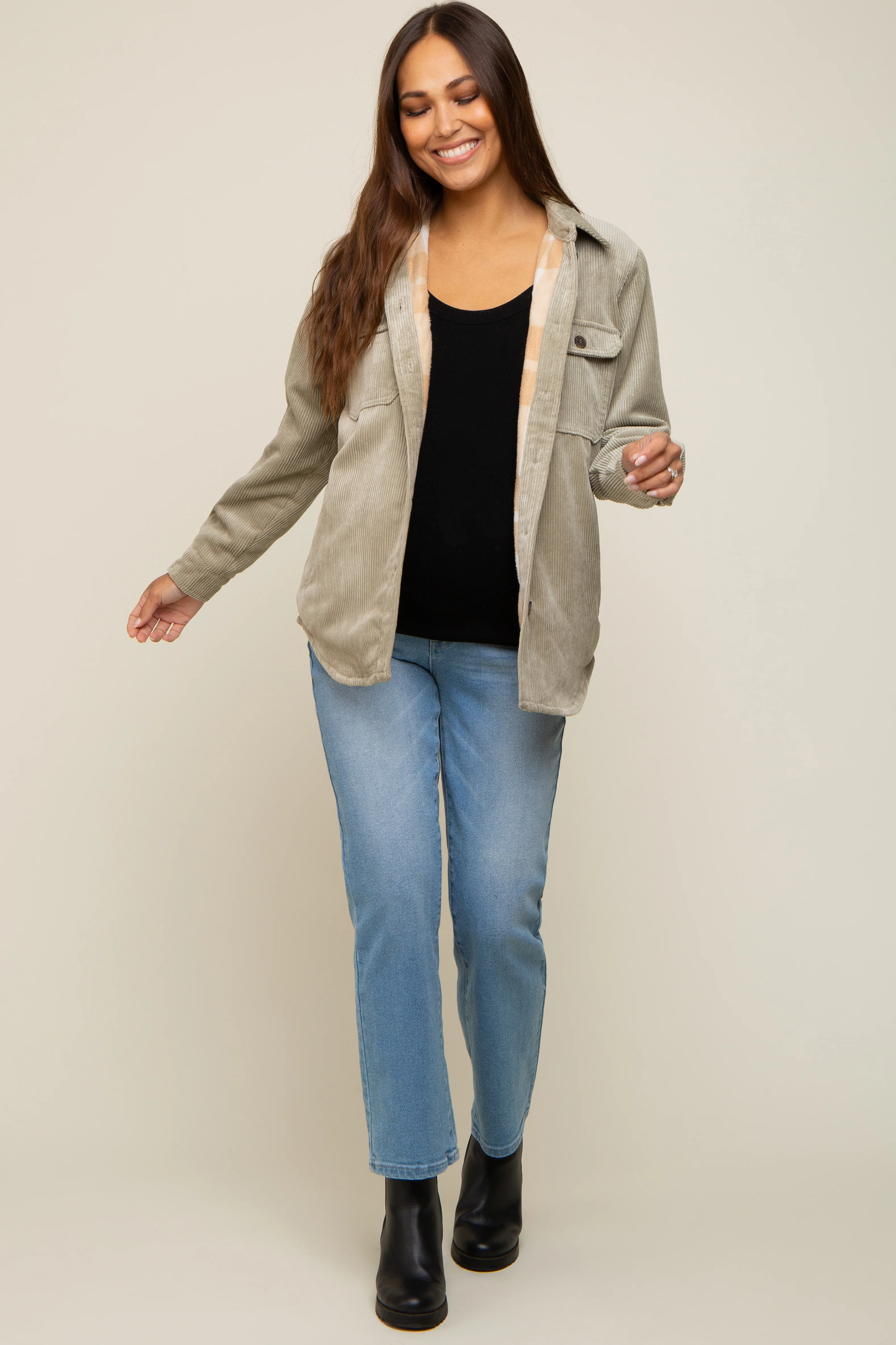 Light Olive Corduroy Plaid Fleece Lined Button Down Maternity Shacket - Image 5