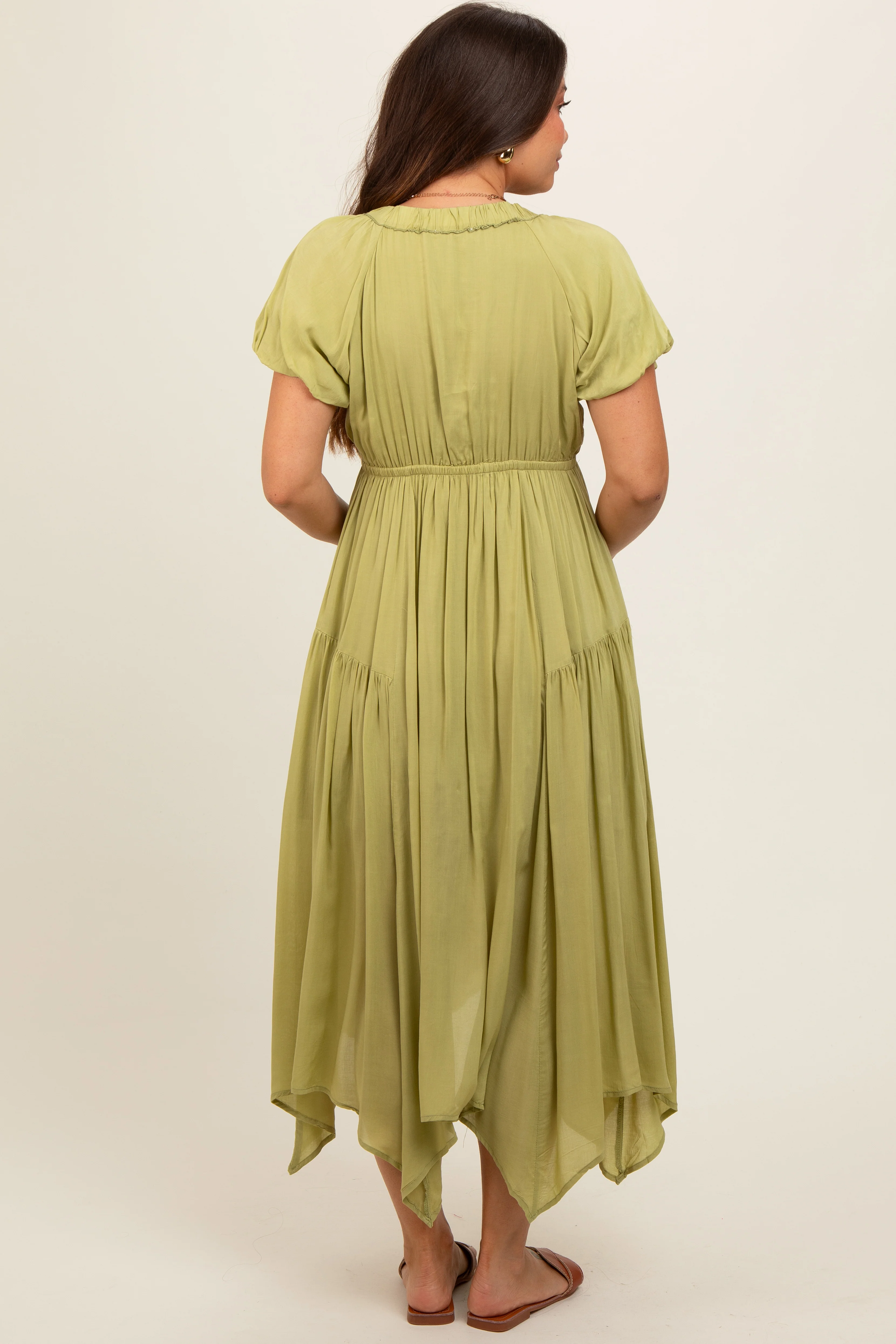 Light Olive Deep V-Neck Puff Short Sleeve Asymmetrical Hem Maternity Midi Dress - Image 4