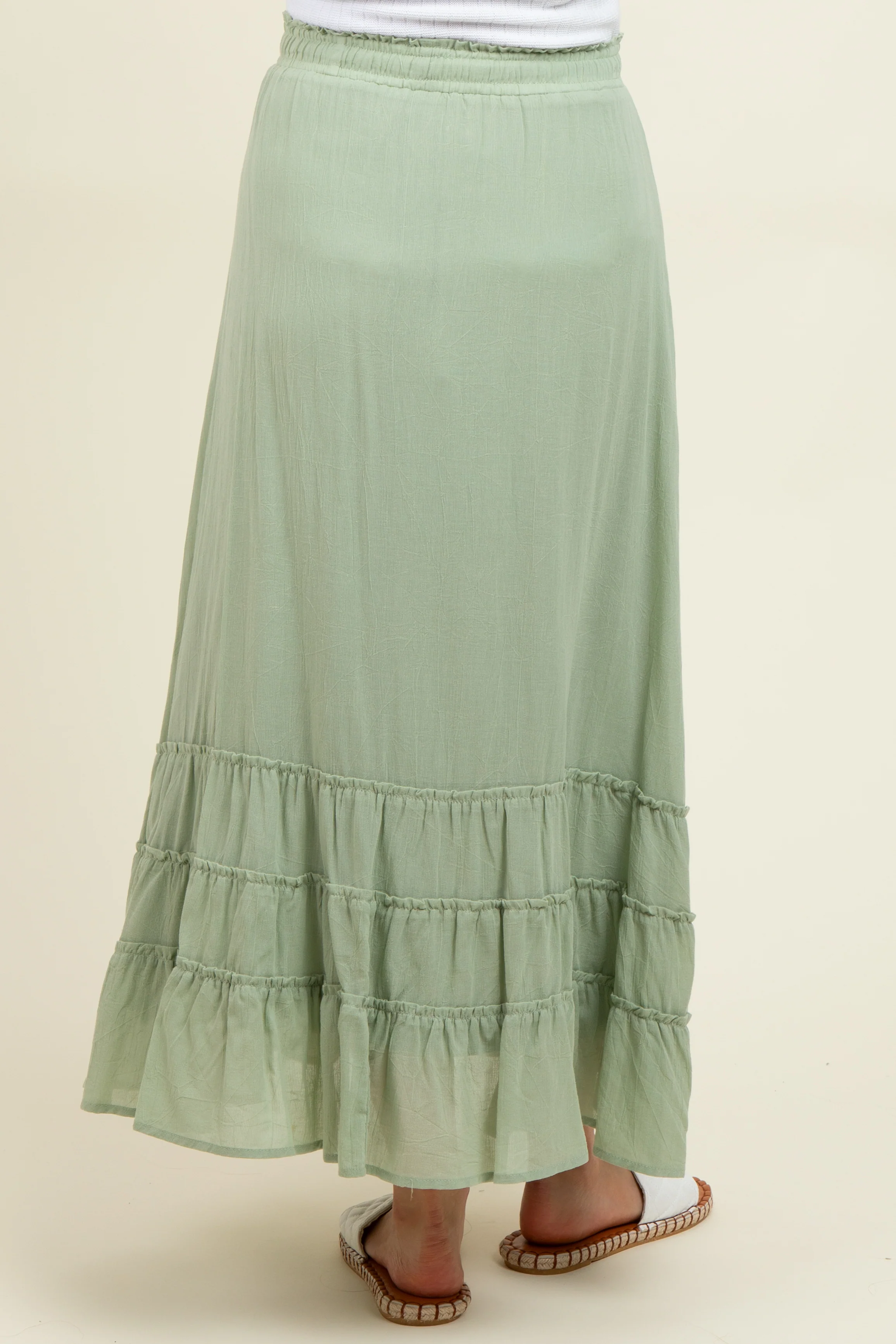 Light Olive Drawstring Layered Ruffle Hem Maternity Maxi Skirt - Image 4
