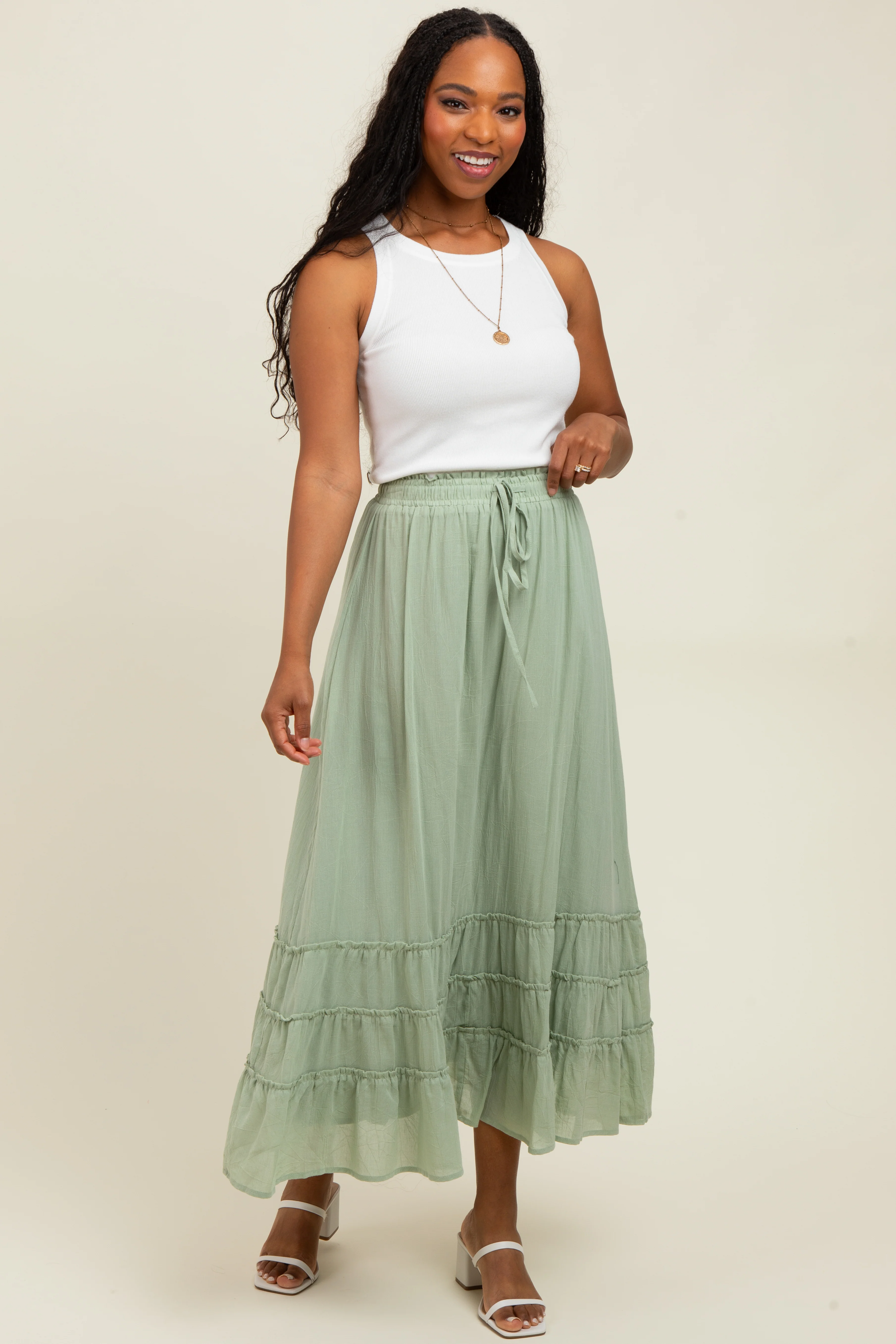 Light Olive Drawstring Layered Ruffle Hem Maternity Maxi Skirt - Image 5
