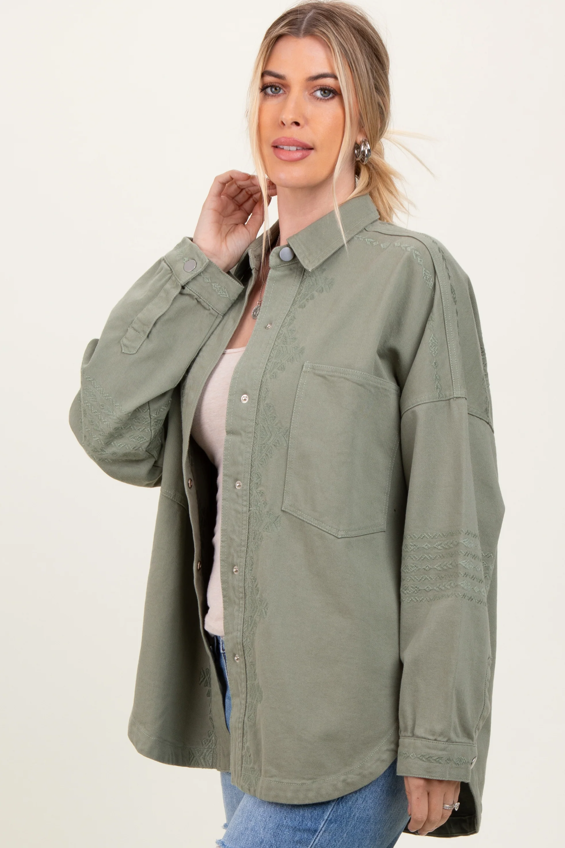 Light Olive Embroidered Snap Button Shirt Jacket - Image 3
