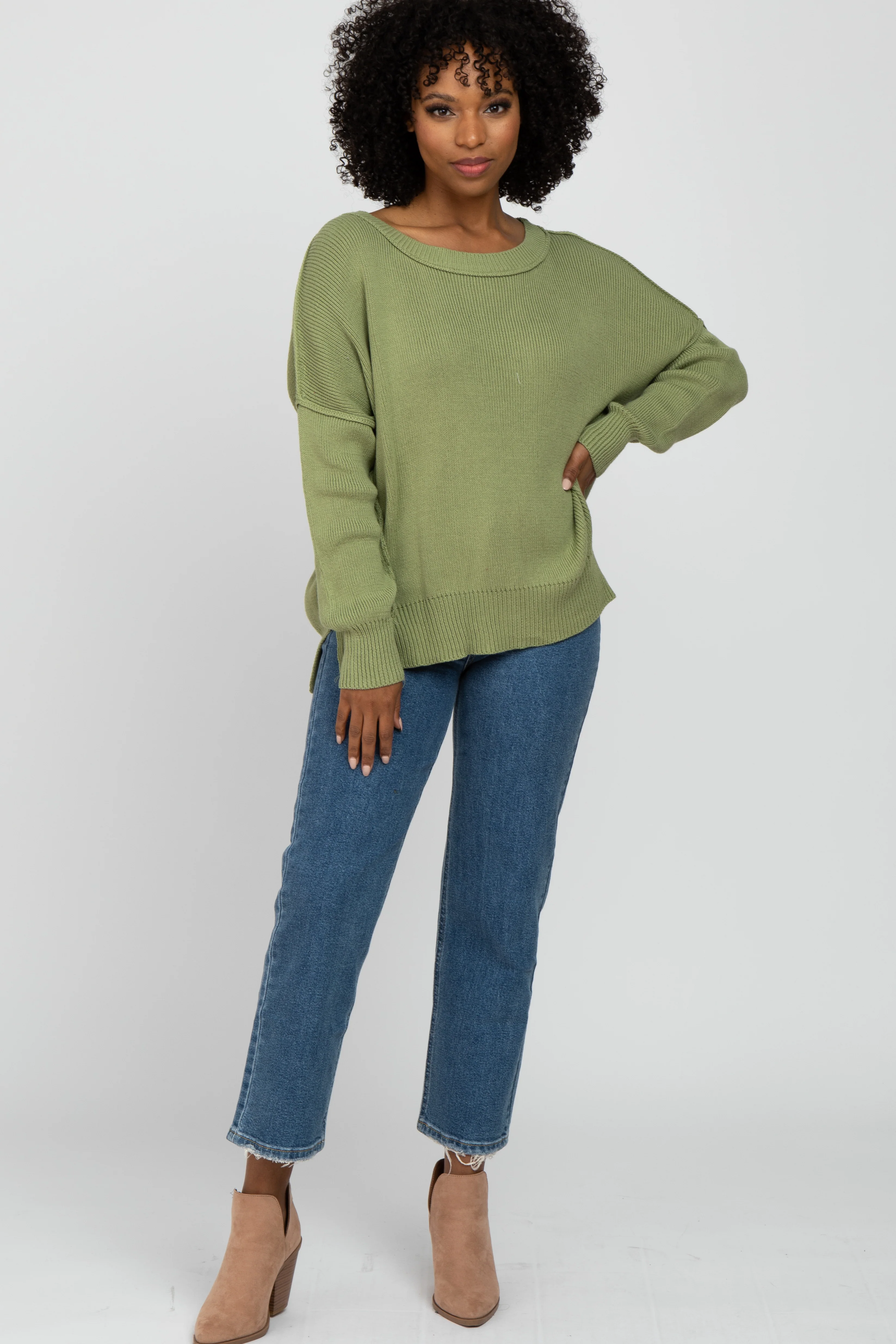 Light Olive Exposed Seam Side Slit Sweater - Image 4