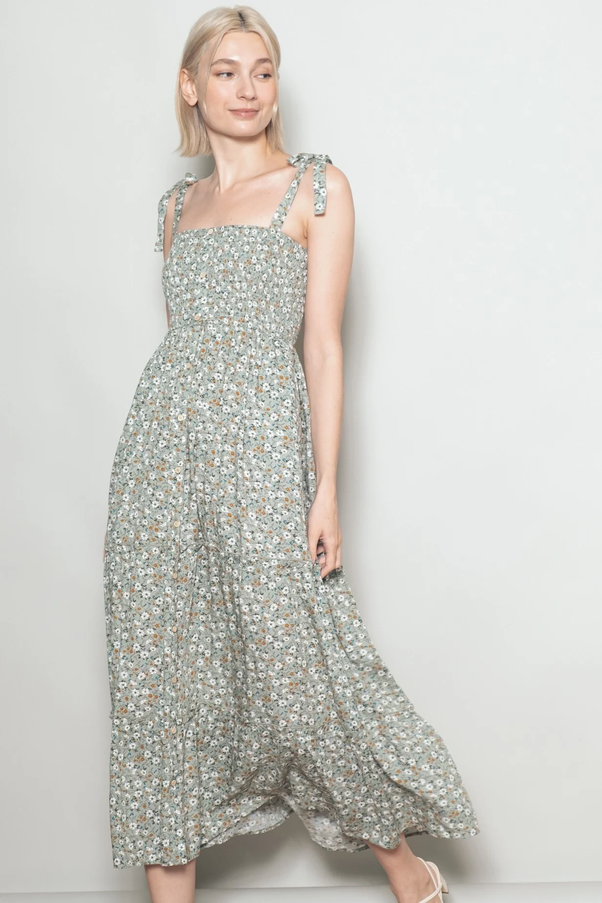 Light Olive Floral Button Down Shoulder Tie Maxi Dress - Image 2