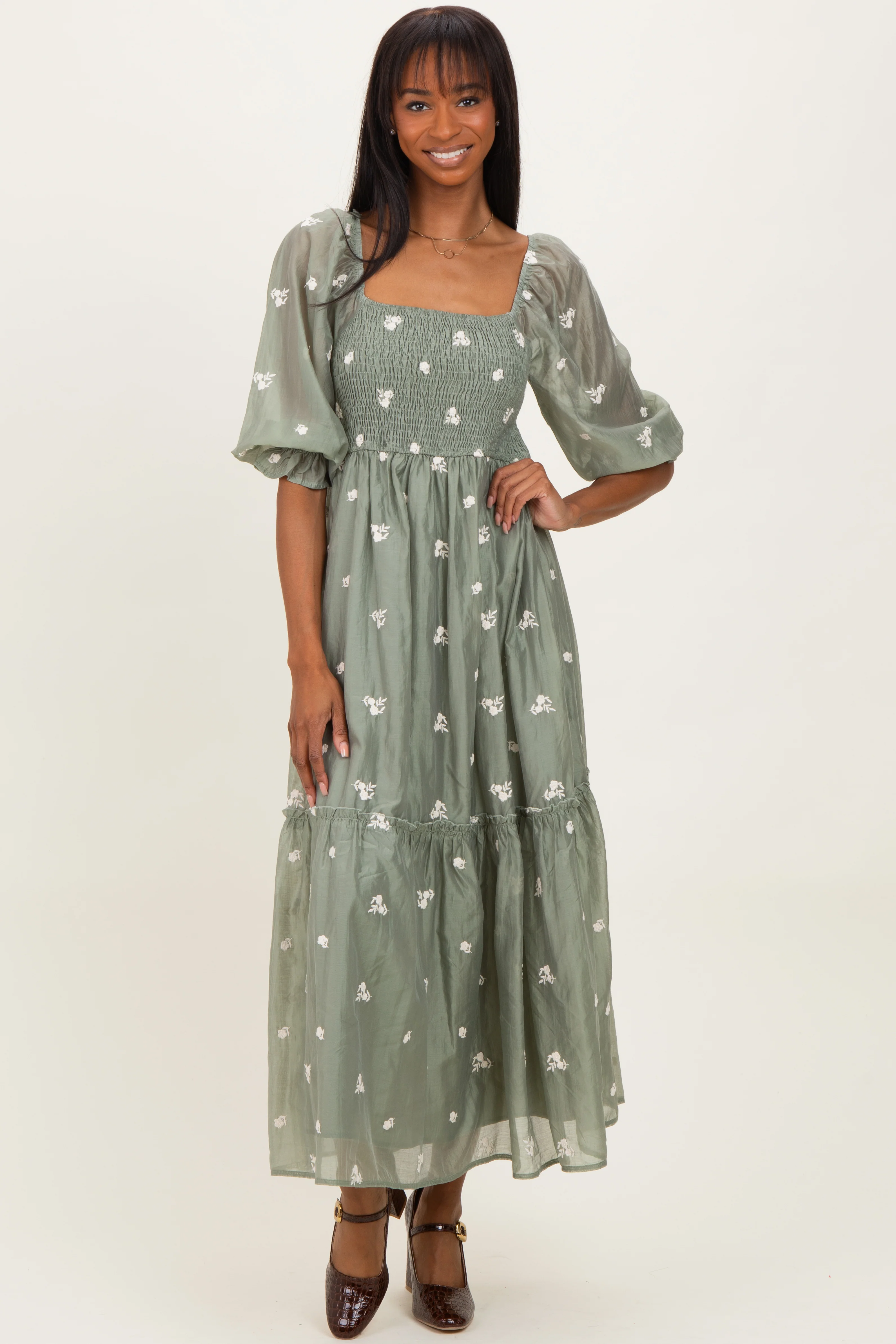 Light Olive Floral Embroidered Smocked 3/4 Sleeve Midi Dress - Image 3
