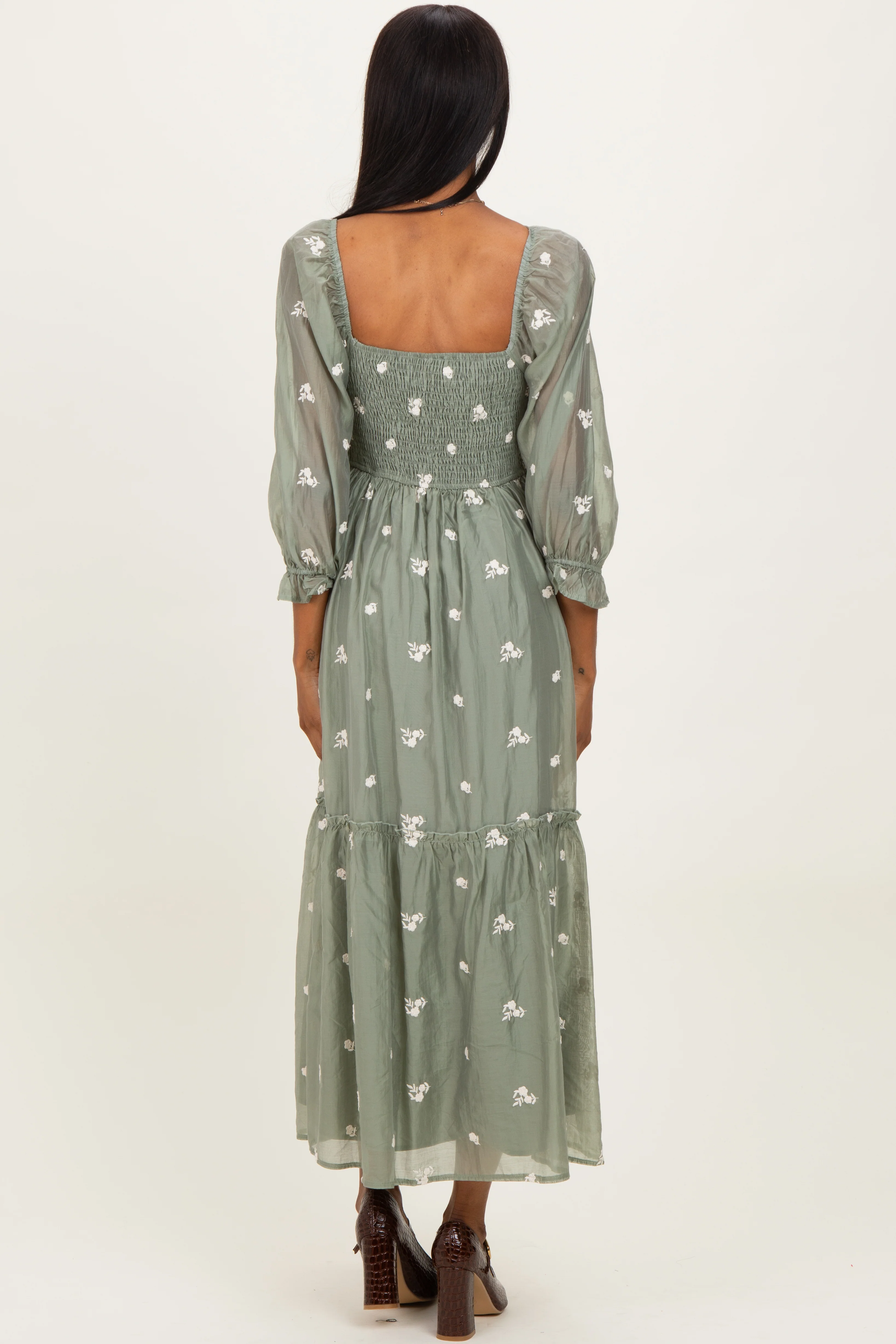 Light Olive Floral Embroidered Smocked 3/4 Sleeve Midi Dress - Image 5