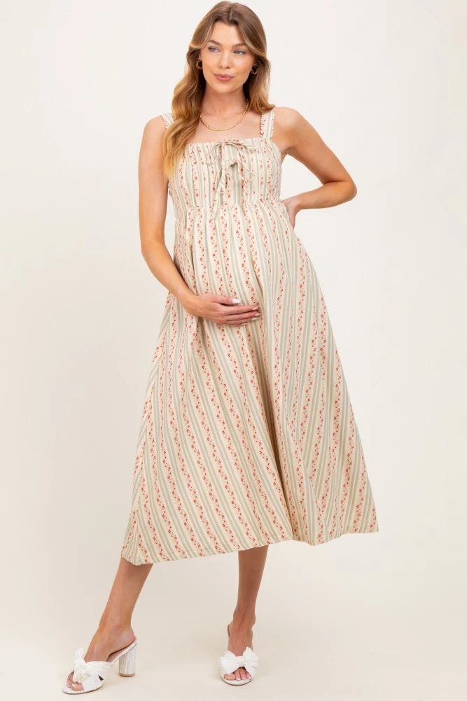 Light Olive Floral Embroidered Striped Maternity Midi Dress - Image 3