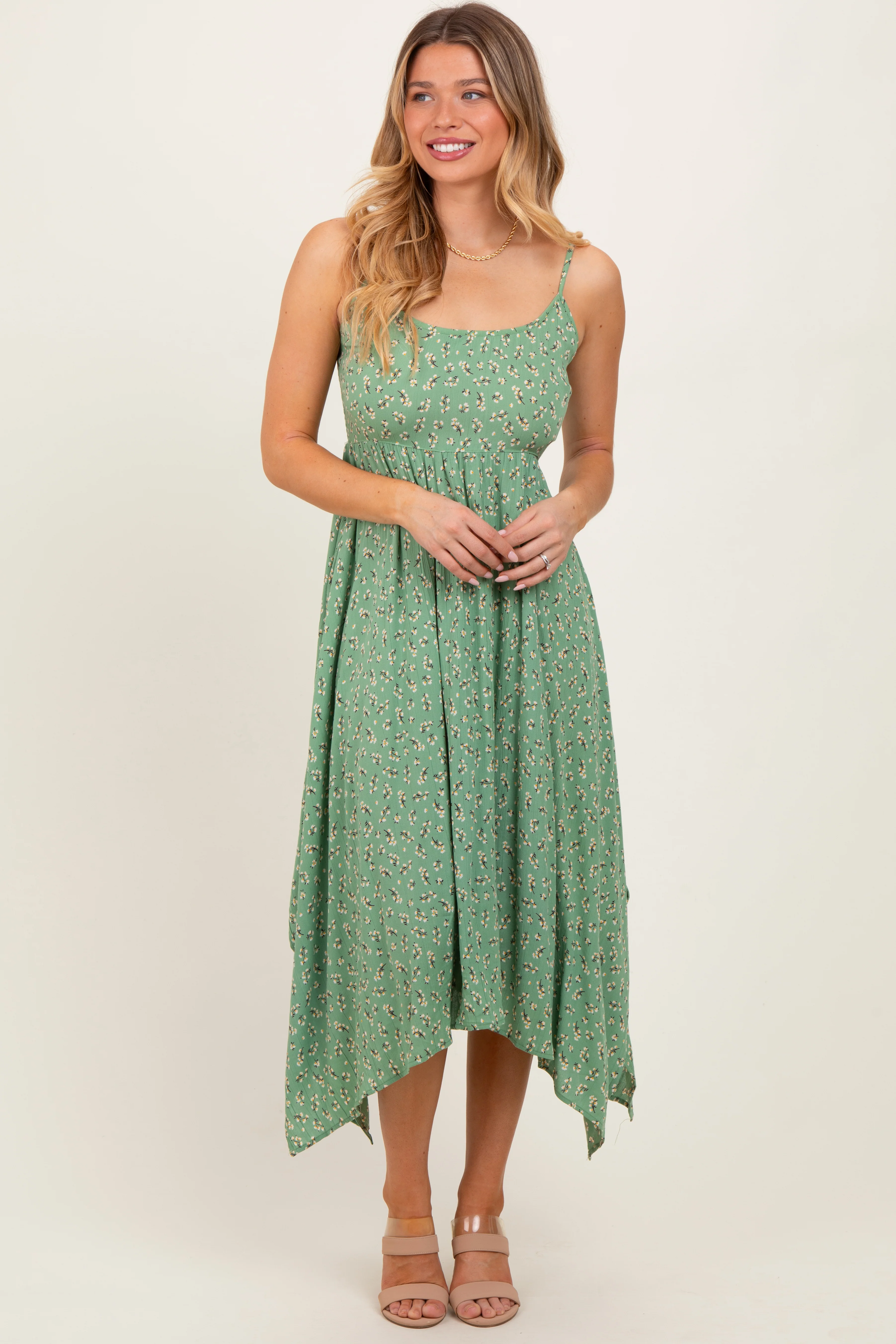 Light Olive Floral Handkerchief Hem Maternity Midi Dress - Image 5