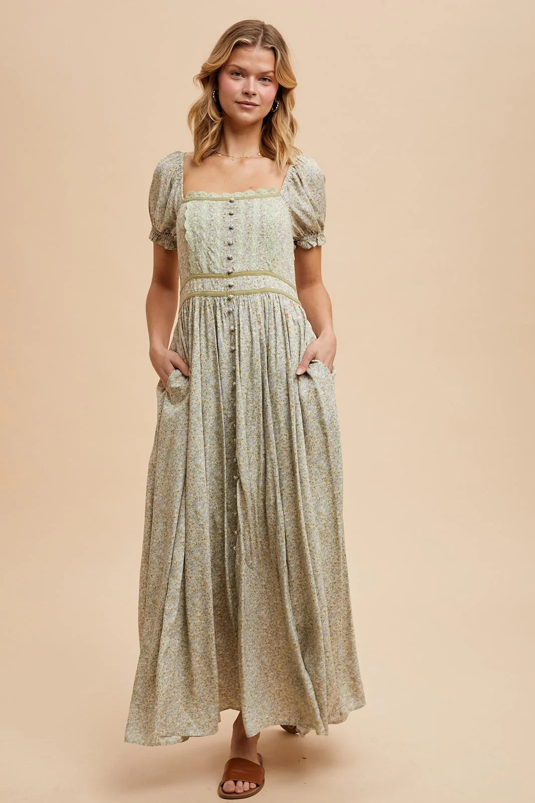 Light Olive Floral Lace Trim Maternity Maxi Dress - Image 4