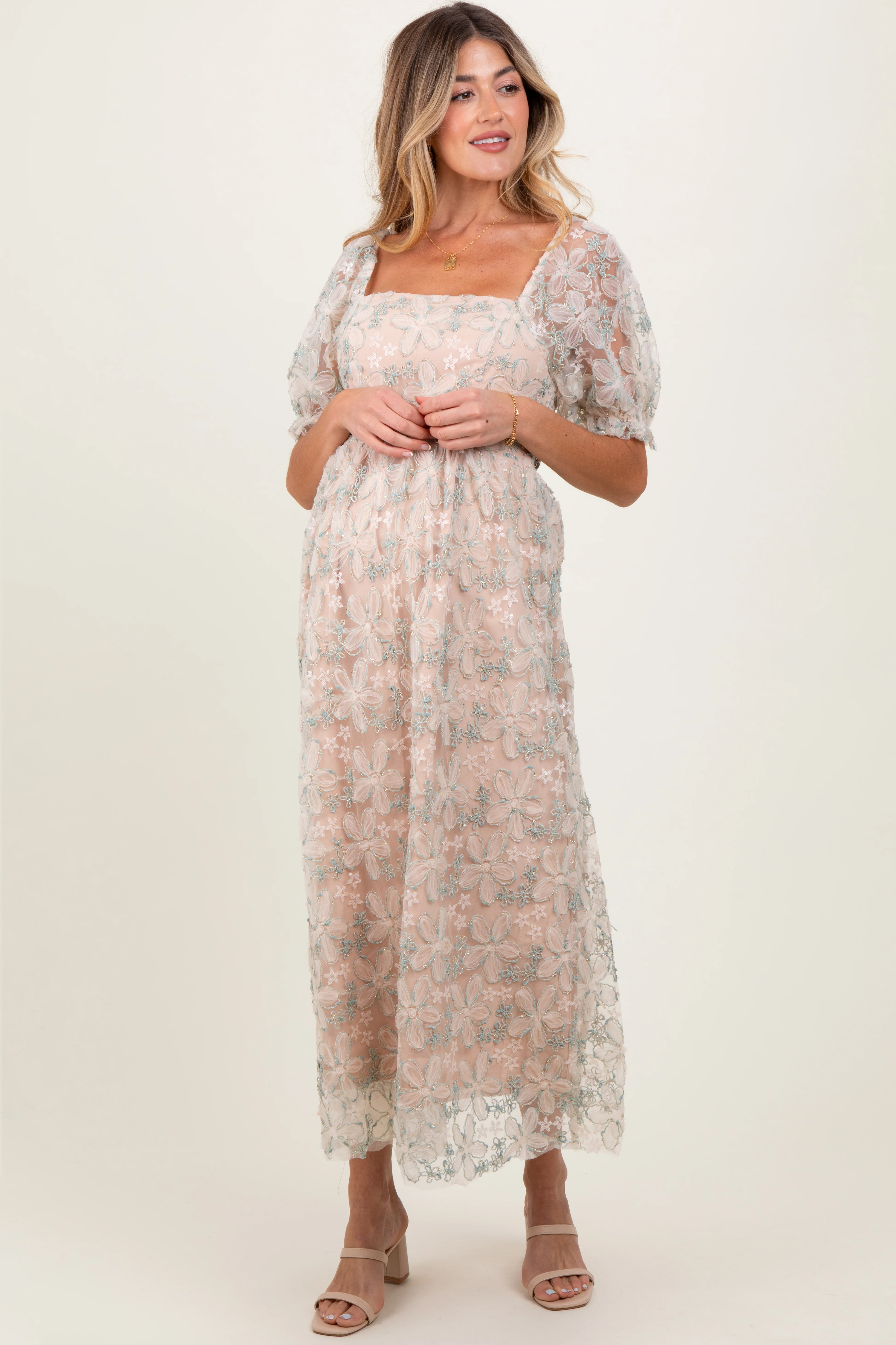 Light Olive Floral Mesh Overlay Tie Back Maternity Midi Dress - Image 2