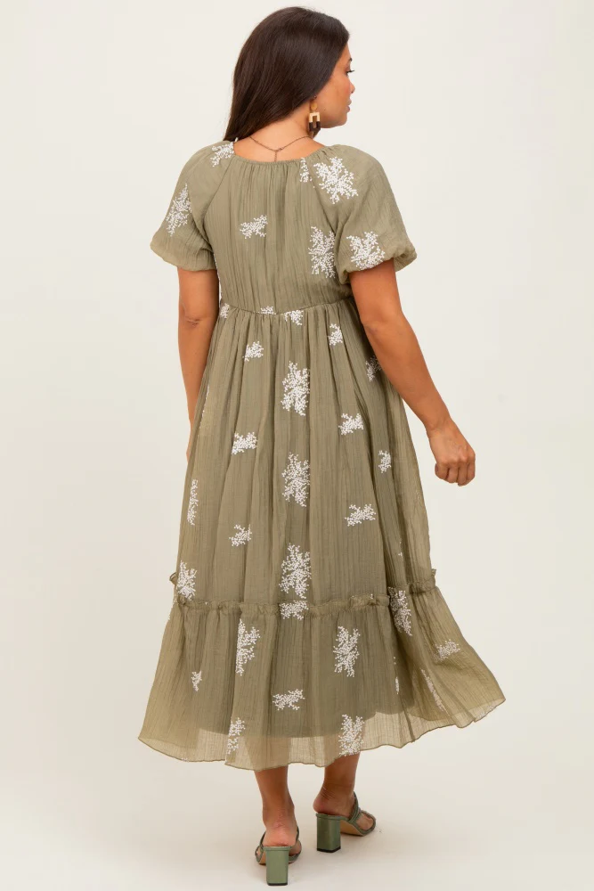 Light Olive Floral Print Ruffle Hem Maternity Midi Dress - Image 3
