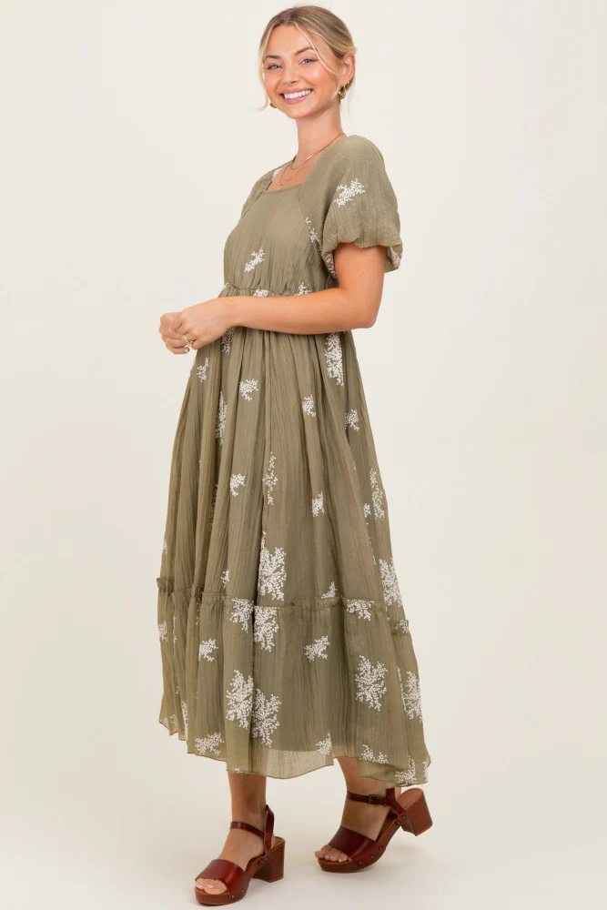 Light Olive Floral Print Ruffle Hem Midi Dress - Image 2