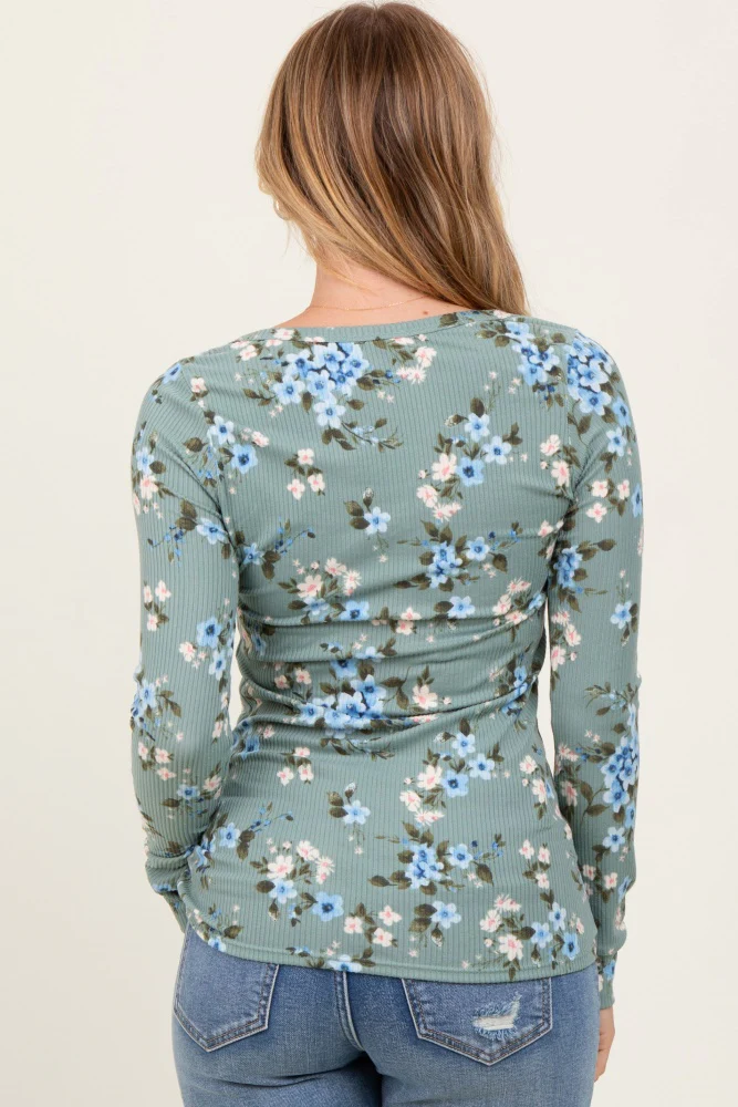 Light Olive Floral Ribbed Henley Top - Image 4