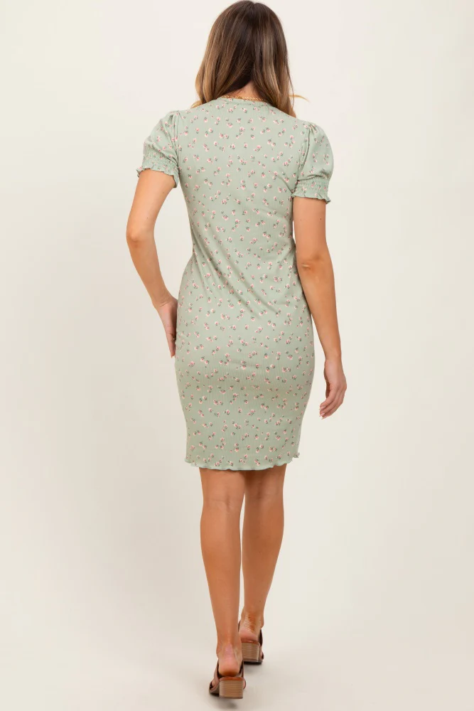 Light Olive Floral Ribbed Puff Sleeve Fitted Dress - Image 3