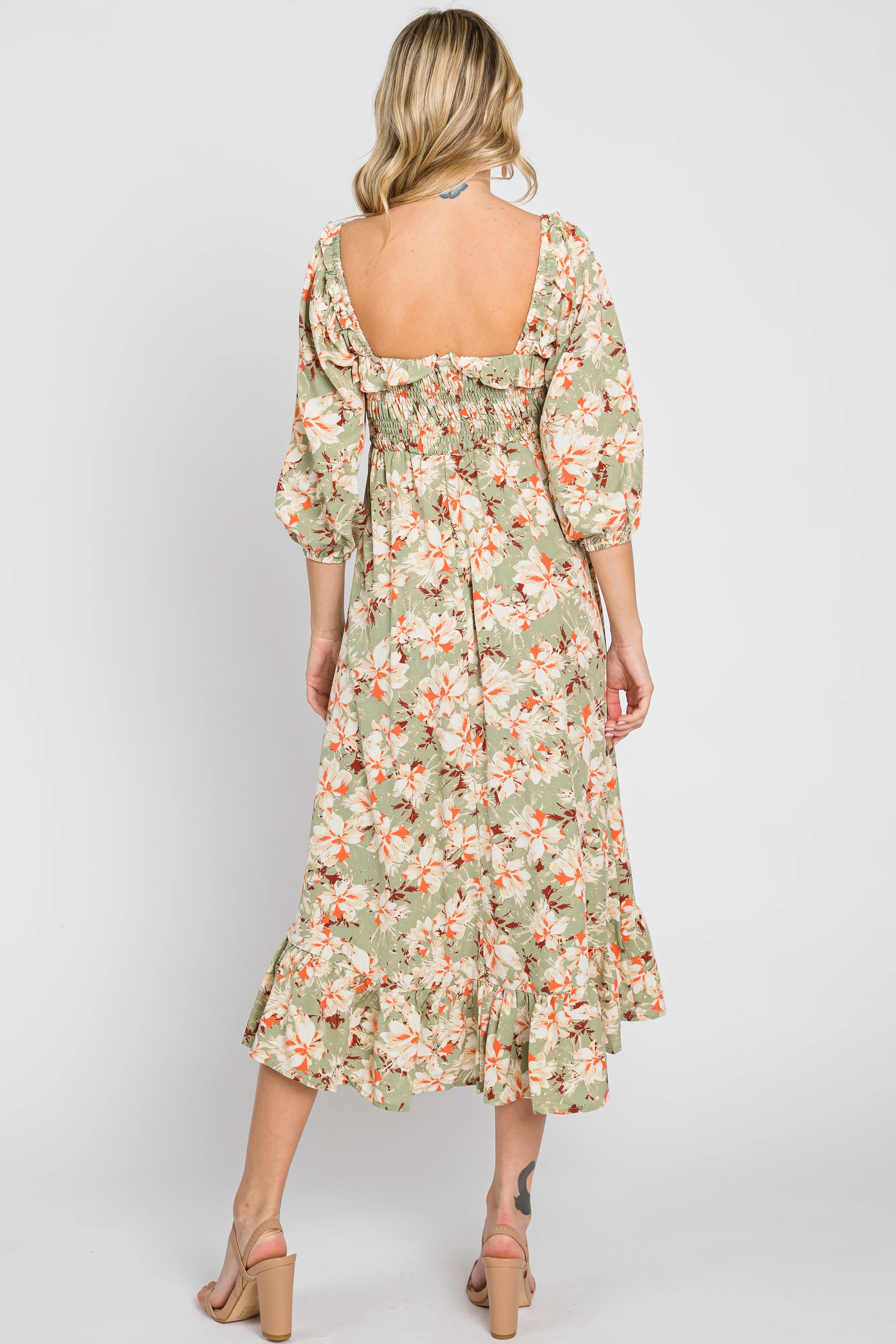 Light Olive Floral Ruffle Square Neck Smocked Front Tie Midi Dress - Image 3