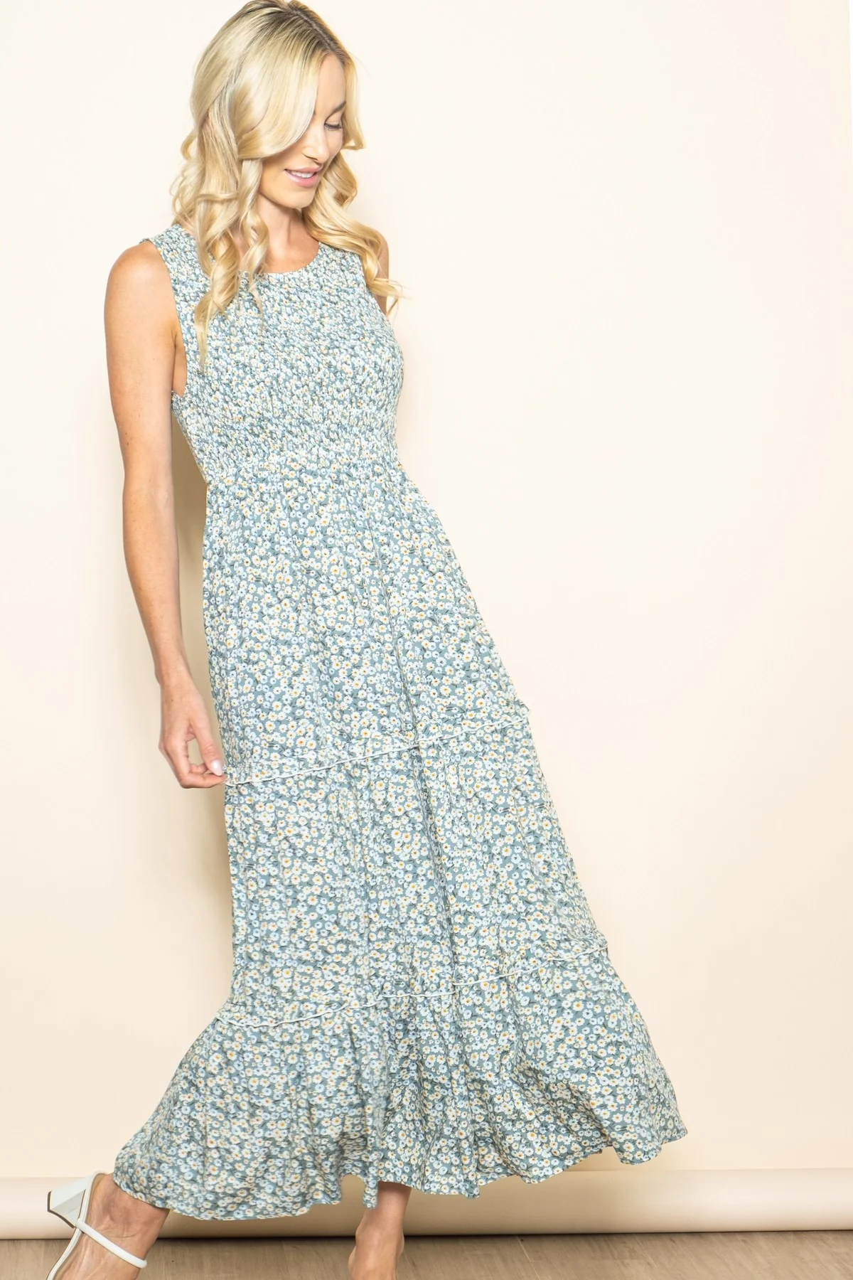 Light Olive Floral Sleeveless Ruffle Tiered Maxi Dress - Image 7