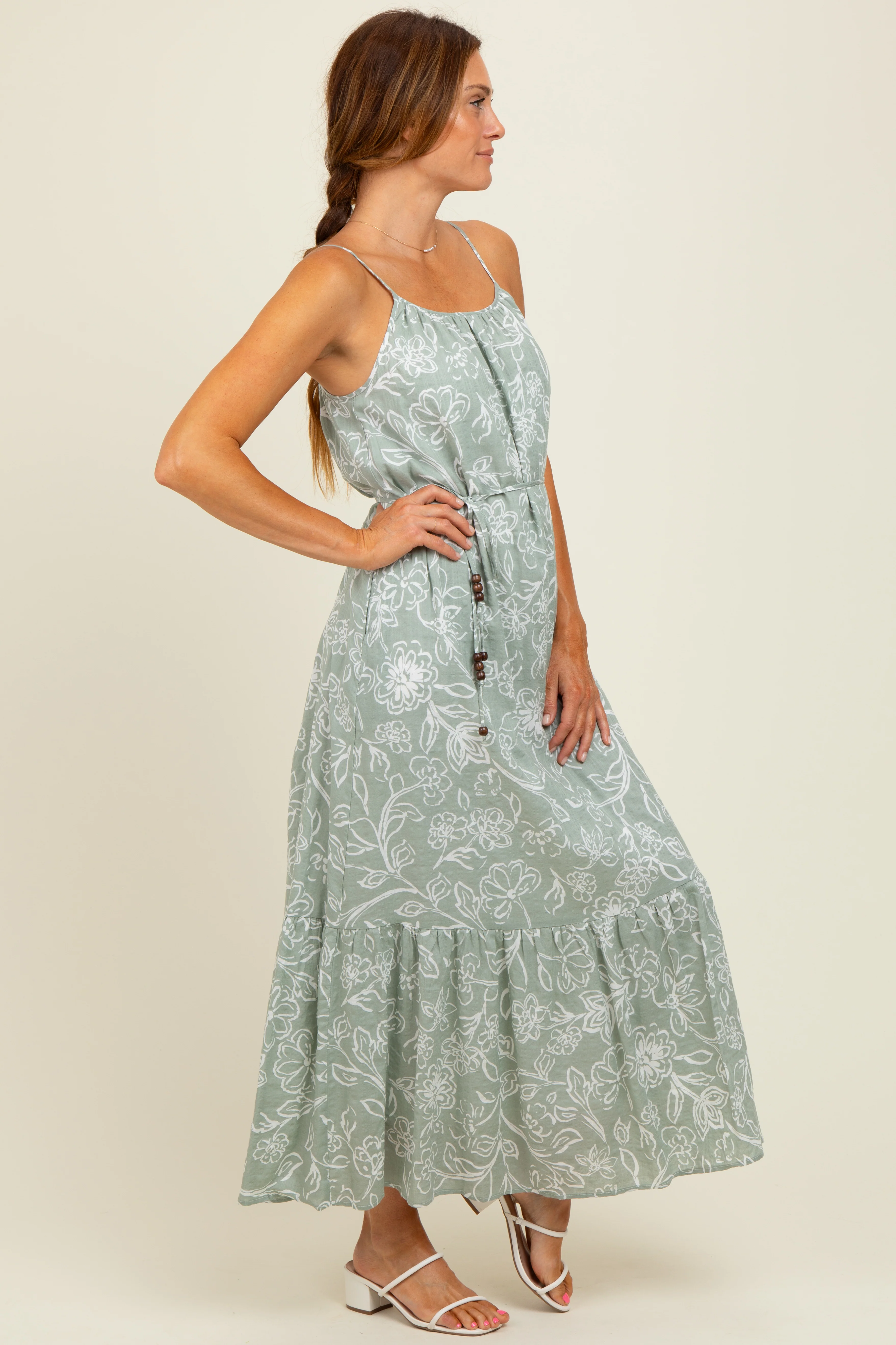 Light Olive Floral Sleeveless Waist Tie Maxi Dress - Image 3