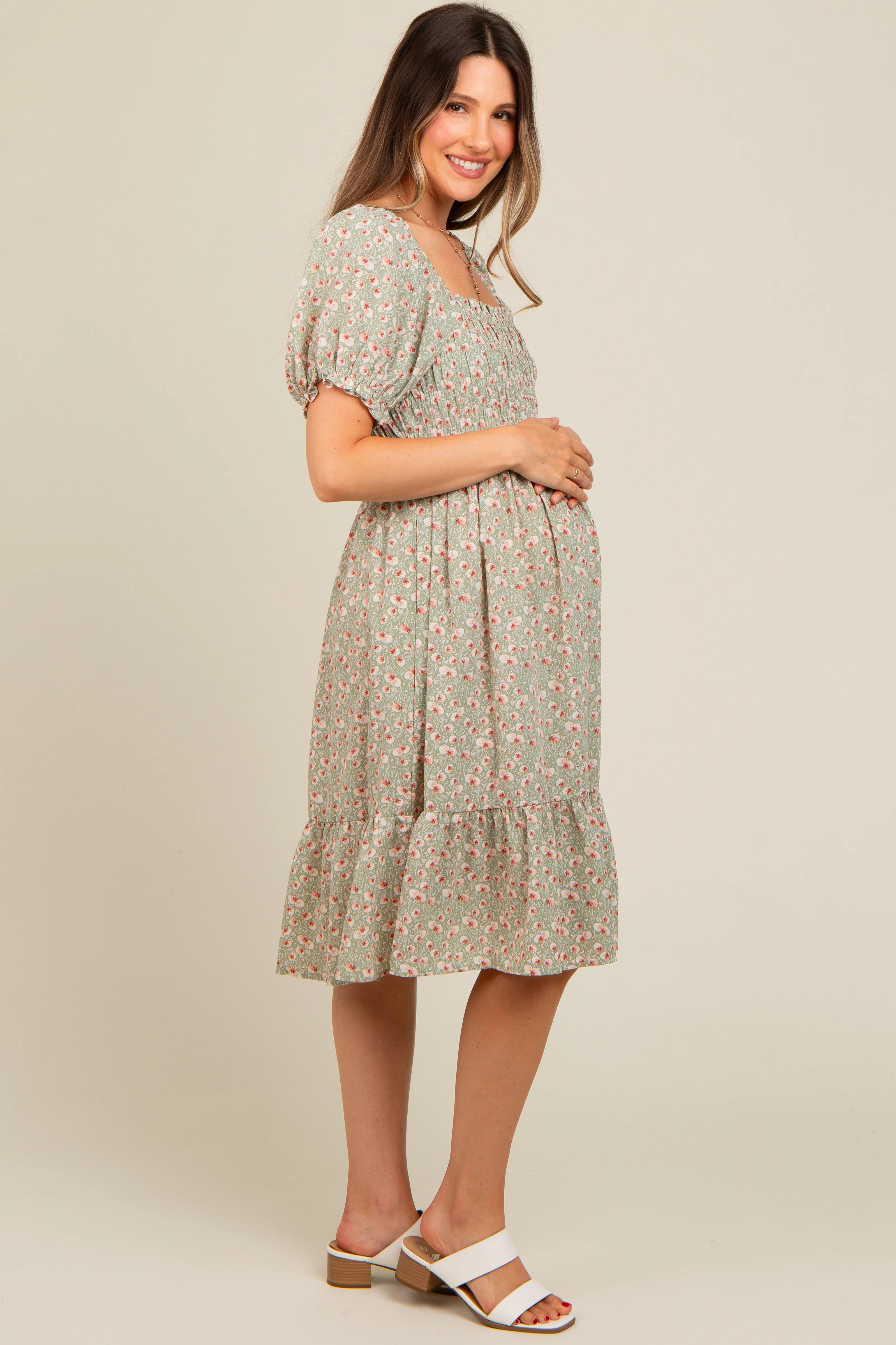 Light Olive Floral Smocked Maternity Dress - Image 3