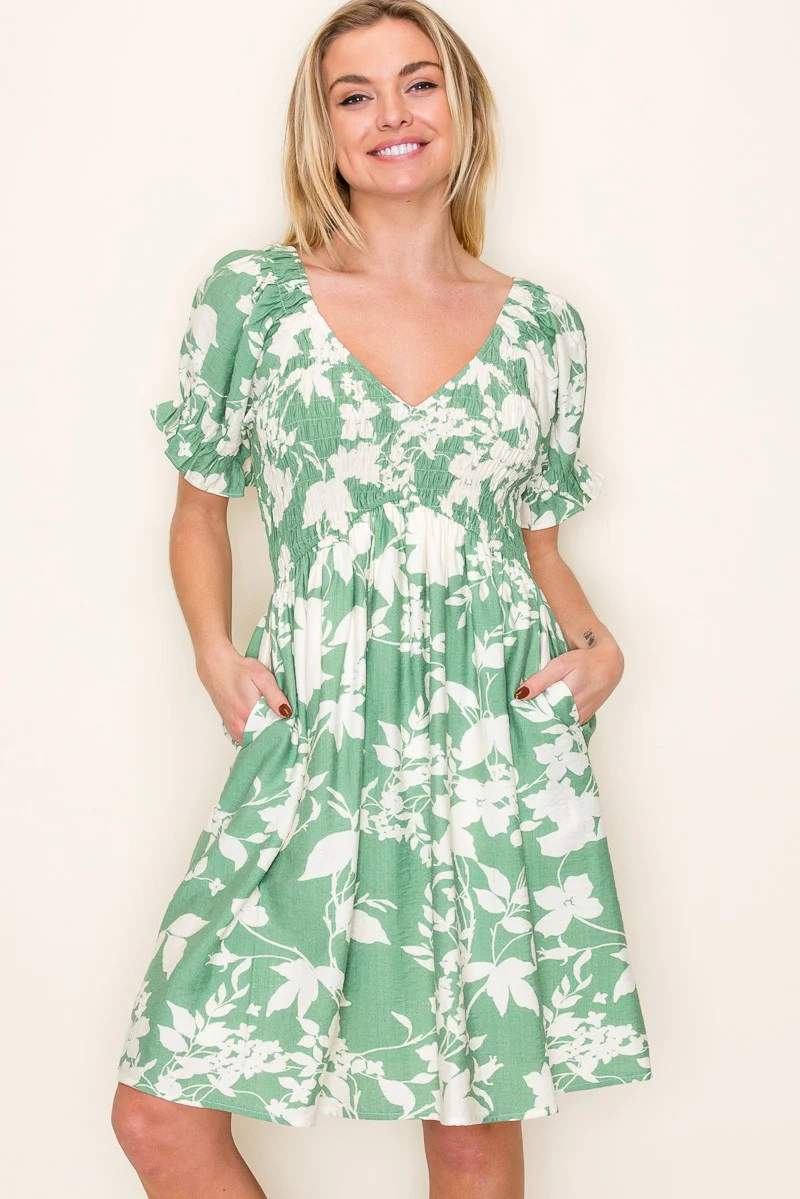 Light Olive Floral Smocked Puff Sleeve Dress - Image 2