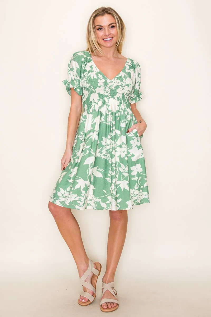 Light Olive Floral Smocked Puff Sleeve Maternity Dress - Image 4