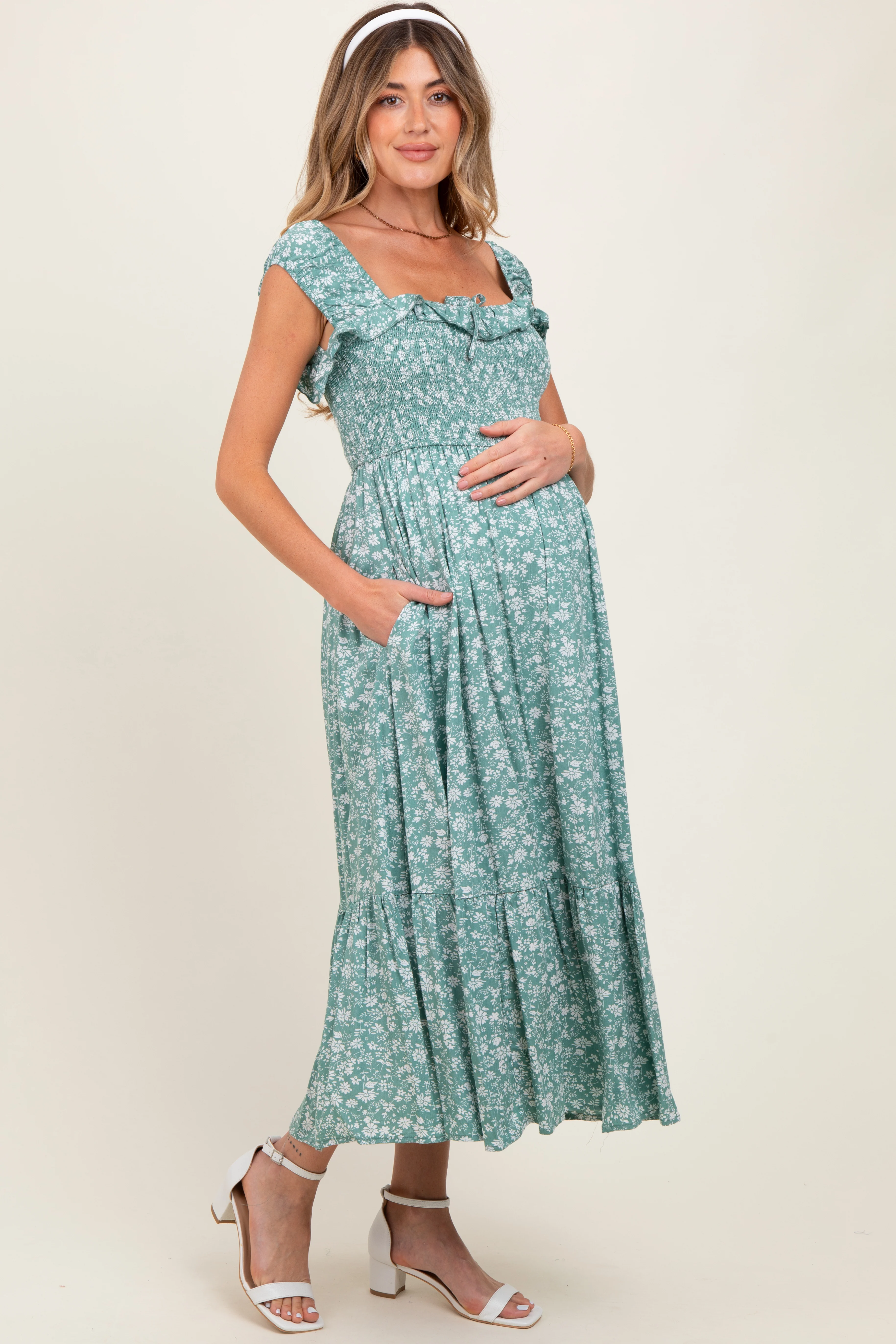 Light Olive Floral Smocked Ruffle Detail Maternity Midi Dress - Image 2