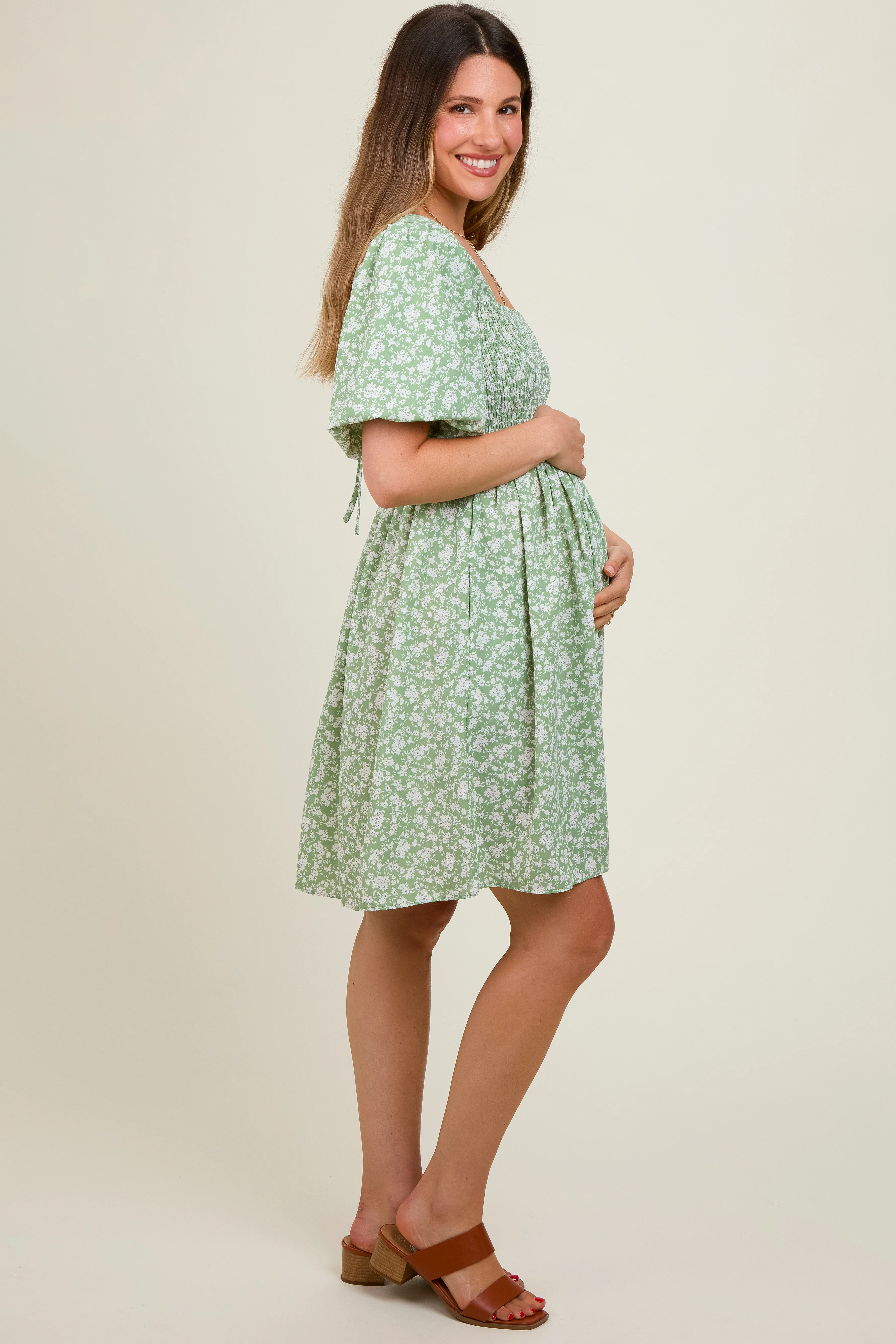 Light Olive Floral Smocked Tie Back Maternity Dress - Image 2