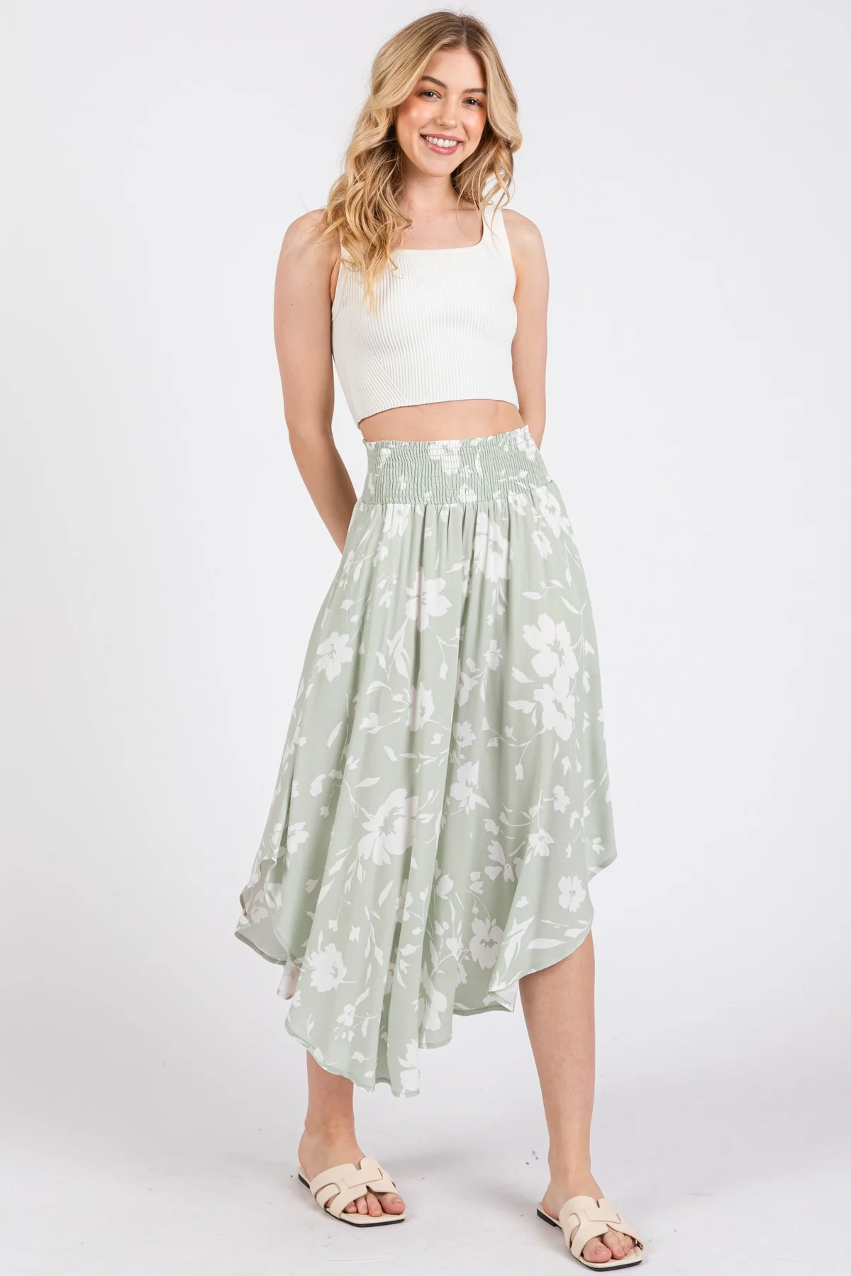 Light Olive Floral Smocked Waist Round Hem Midi Skirts - Image 2