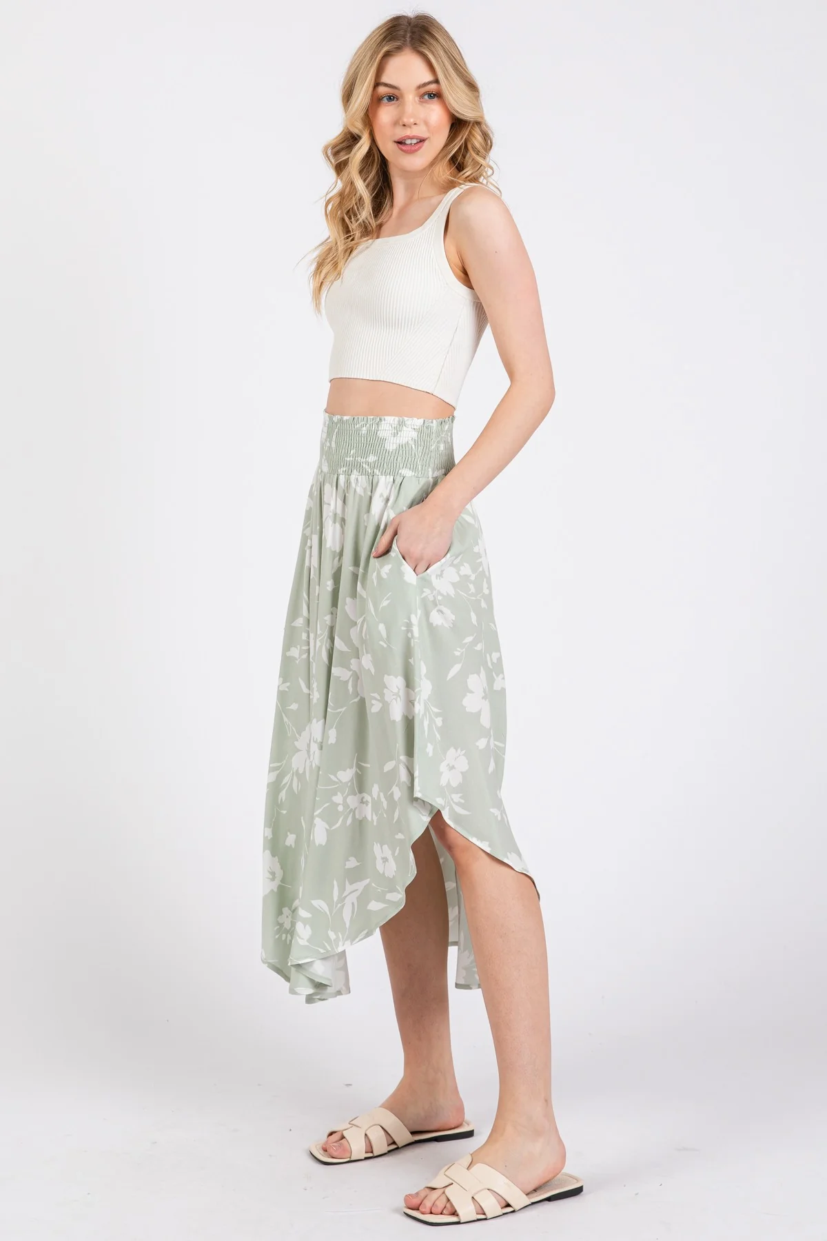 Light Olive Floral Smocked Waist Round Hem Midi Skirts - Image 3