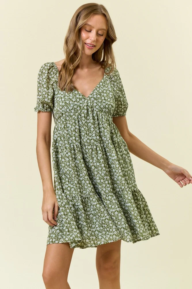 Light Olive Floral Tiered V-Neck Maternity Mini Dress - Image 5