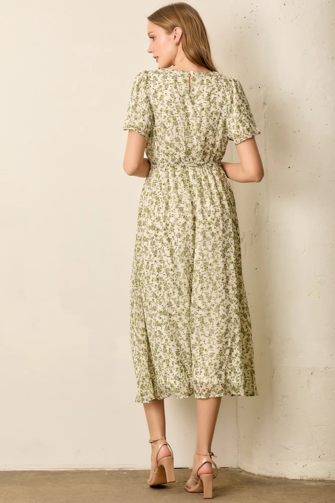 Light Olive Floral Waist Tie Midi Maxi Dress - Image 3