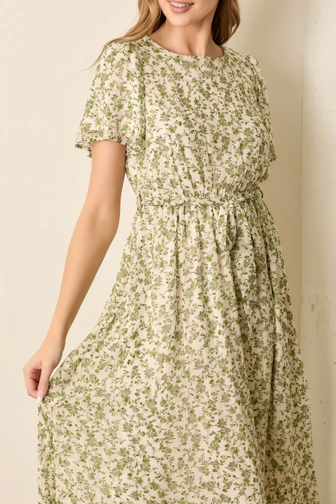 Light Olive Floral Waist Tie Midi Maxi Dress - Image 4