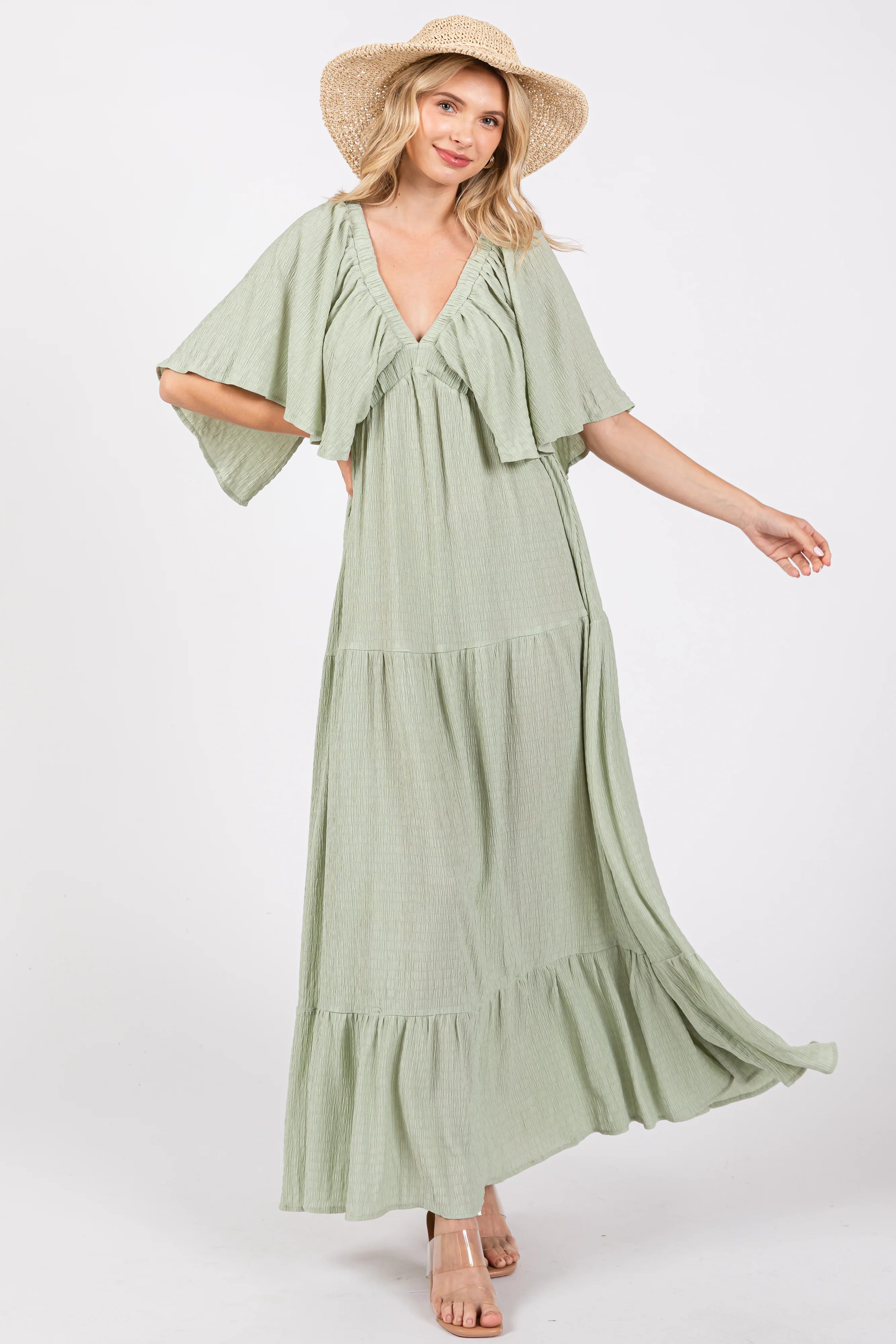 Light Olive Flounce Sleeve Tiered Maternity Dress - Image 4