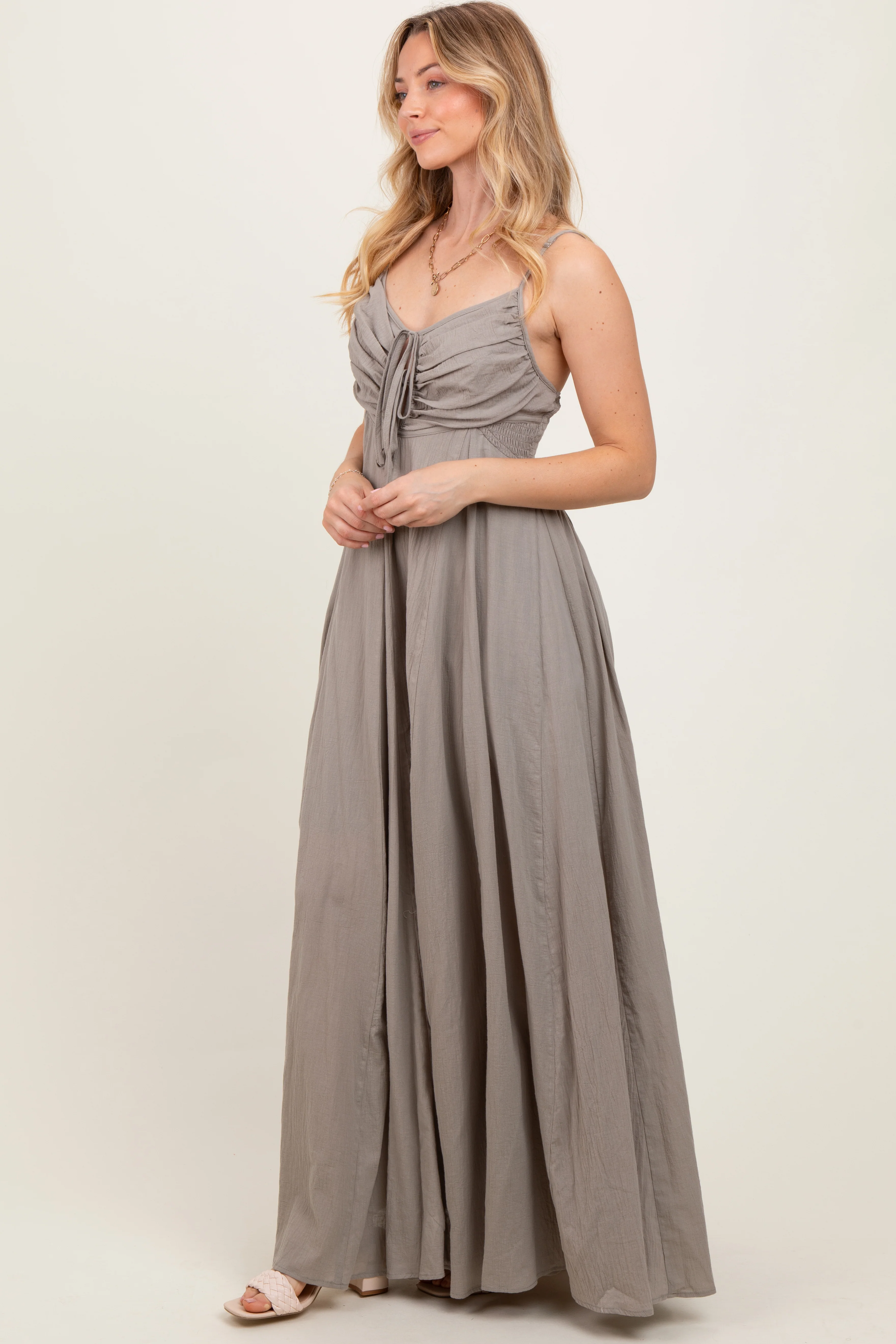 Light Olive Gathered Tie Front Maxi Dress - Image 3