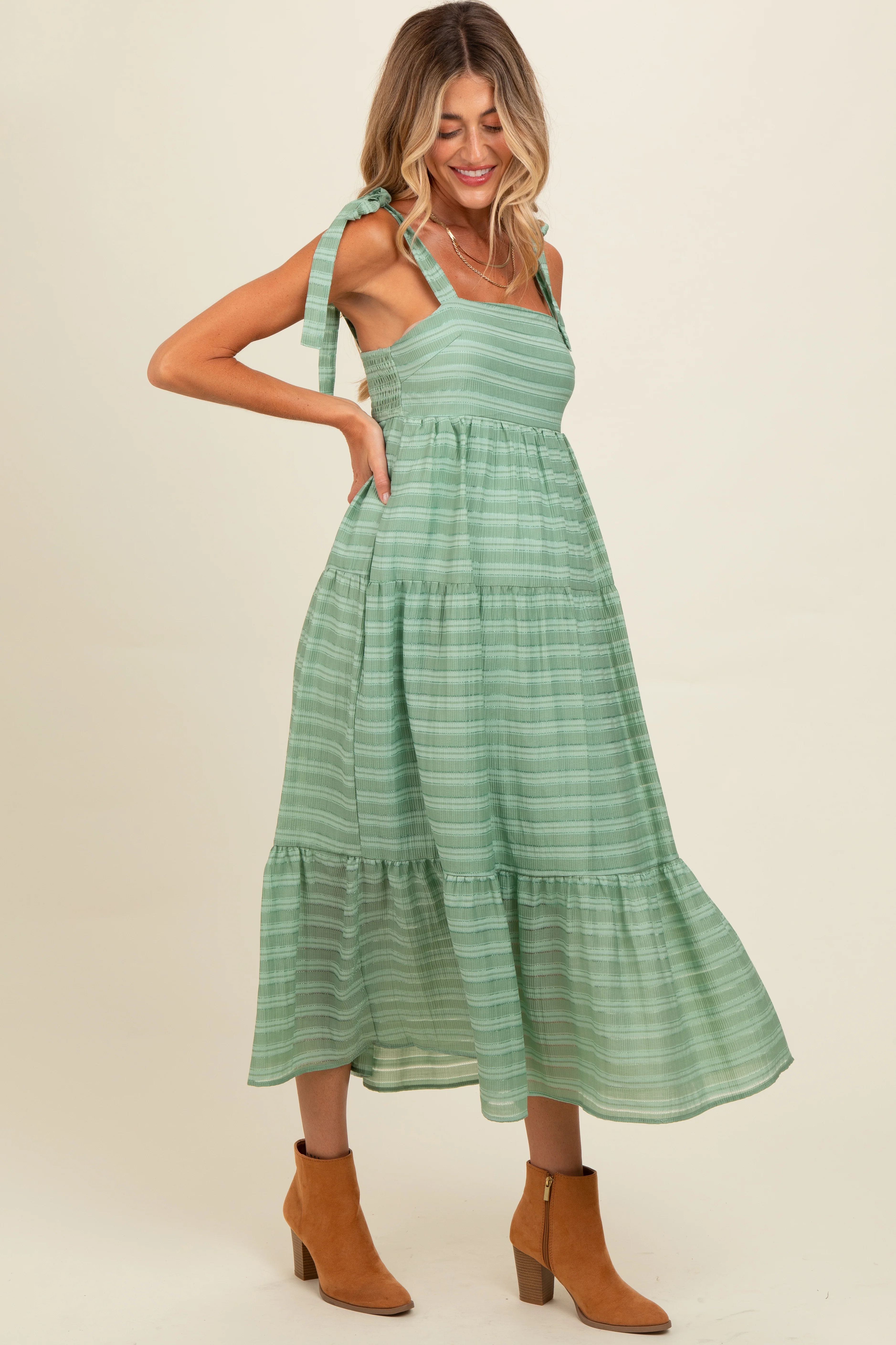 Light Olive Gingham Shoulder Tie Maternity Dress - Image 3