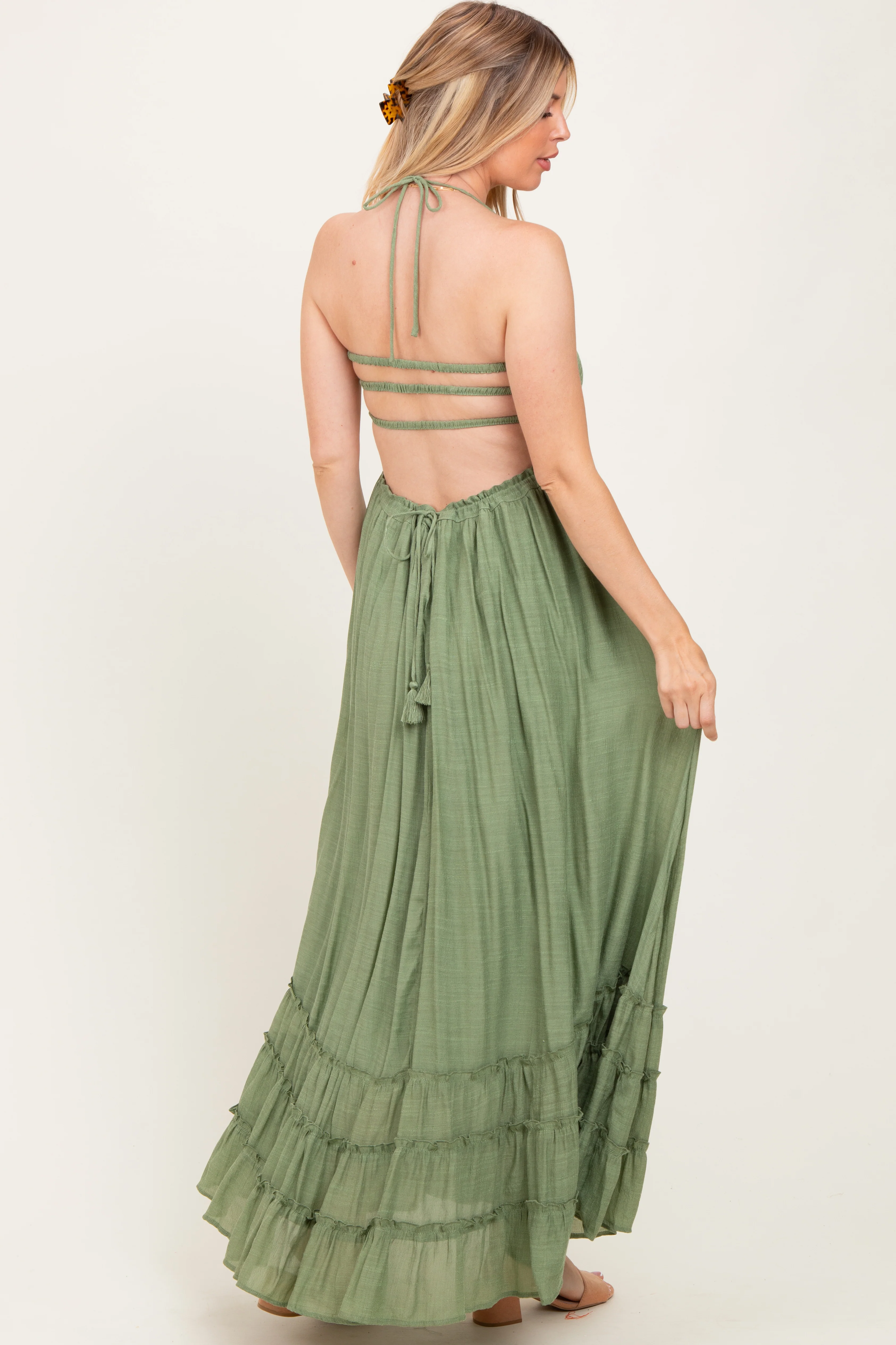 Light Olive Halter Neck Smocked Tiered Hem Maternity Maxi Dress - Image 4