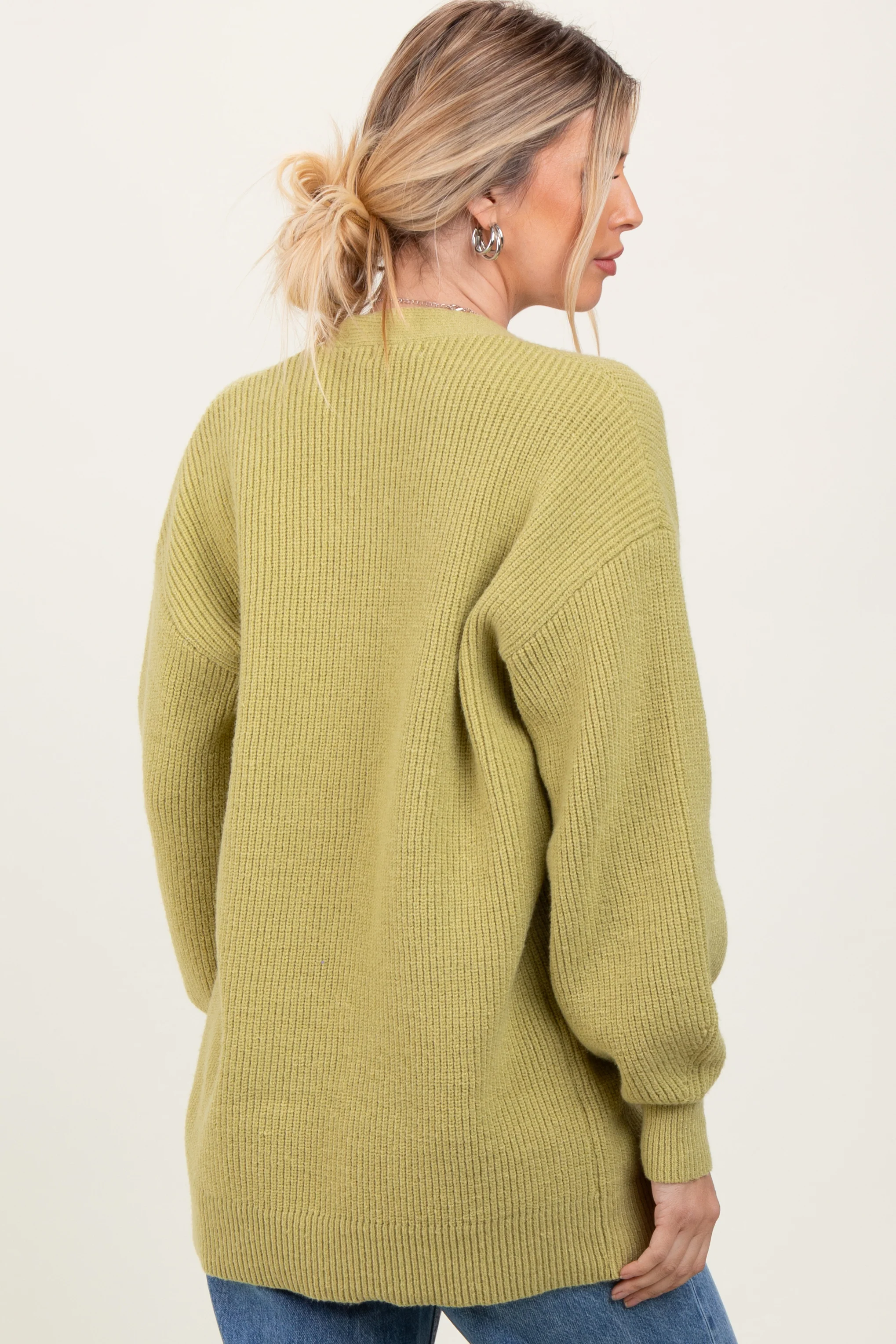 Light Olive Knit Oversized Button Down V-Neck Cardigan - Image 4