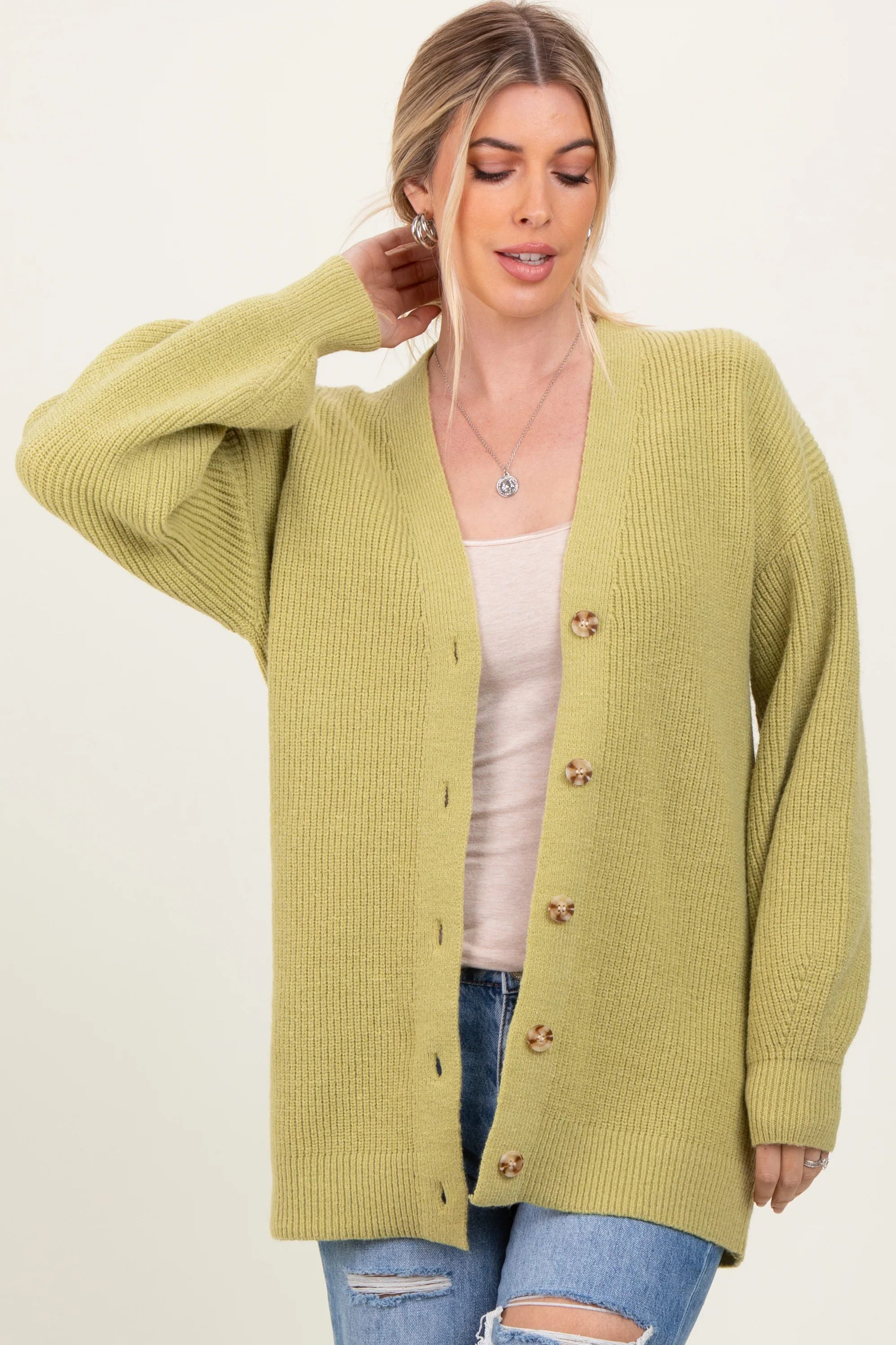 Light Olive Knit Oversized Button Down V-Neck Maternity Cardigan - Image 5