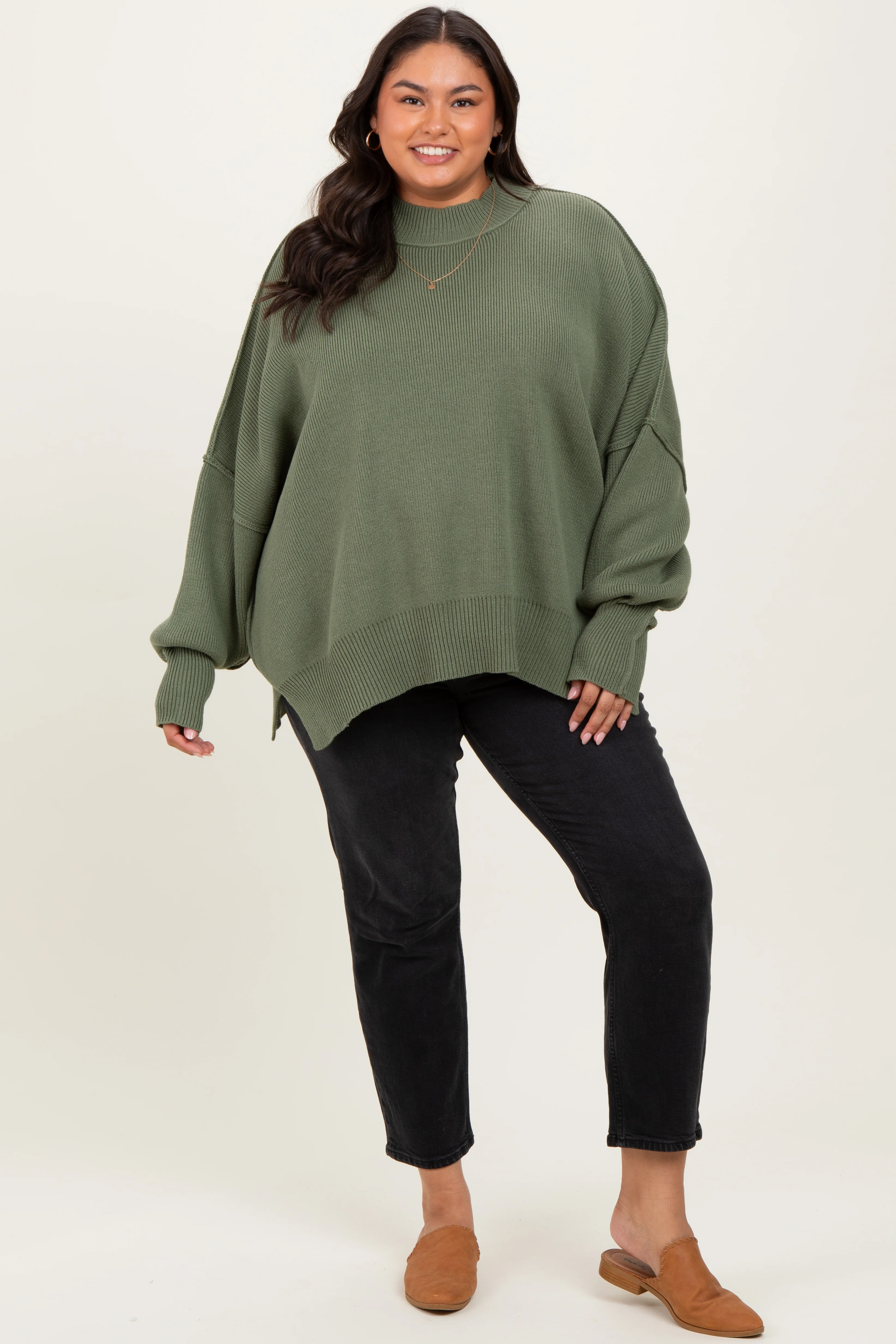 Light Olive Mock Neck Exposed Seam Sweater - Image 2