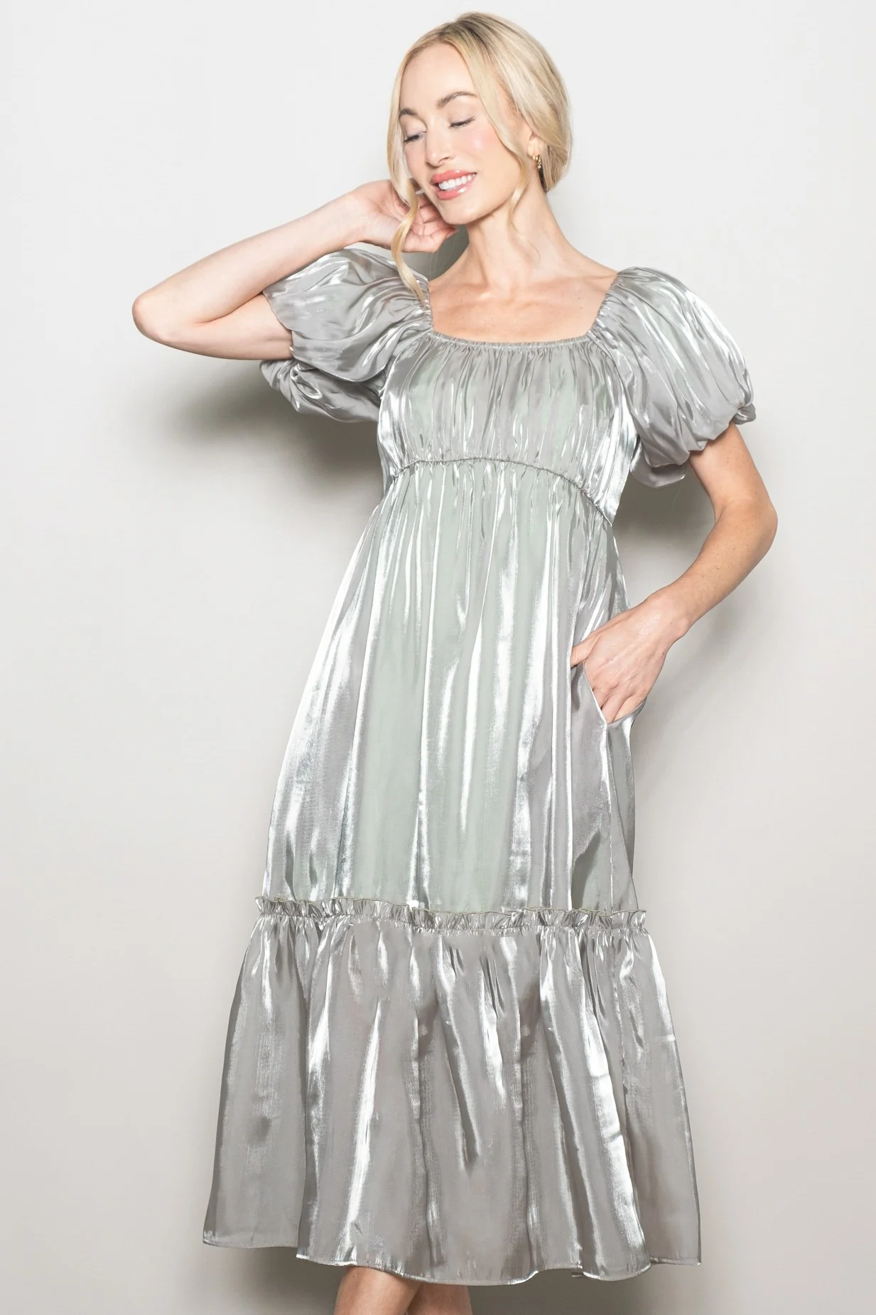 Light Olive Organza Puff Sleeve Midi Dress - Image 3