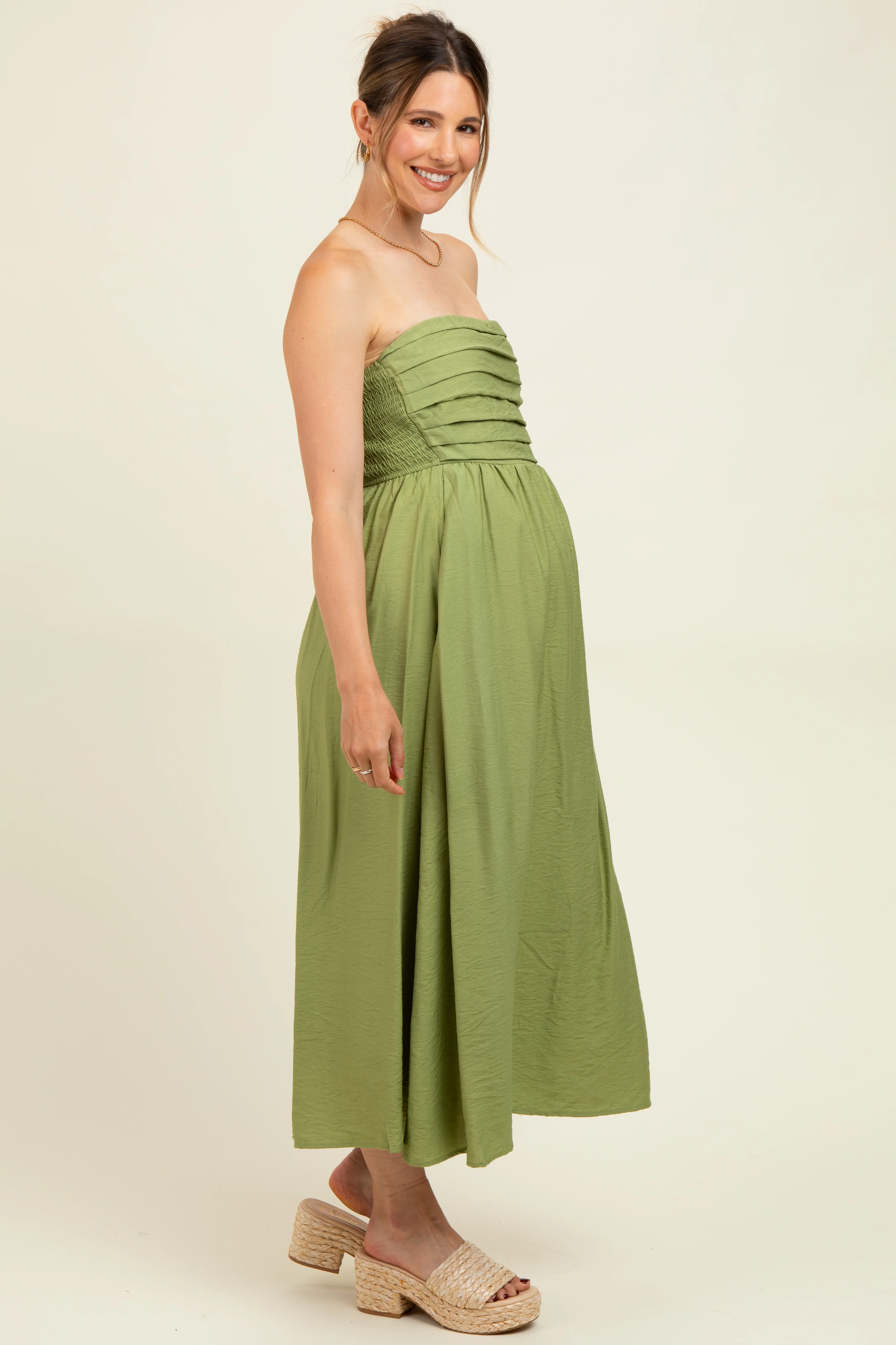 Light Olive Pleated Bodice Strapless Maternity Midi Dress - Image 3