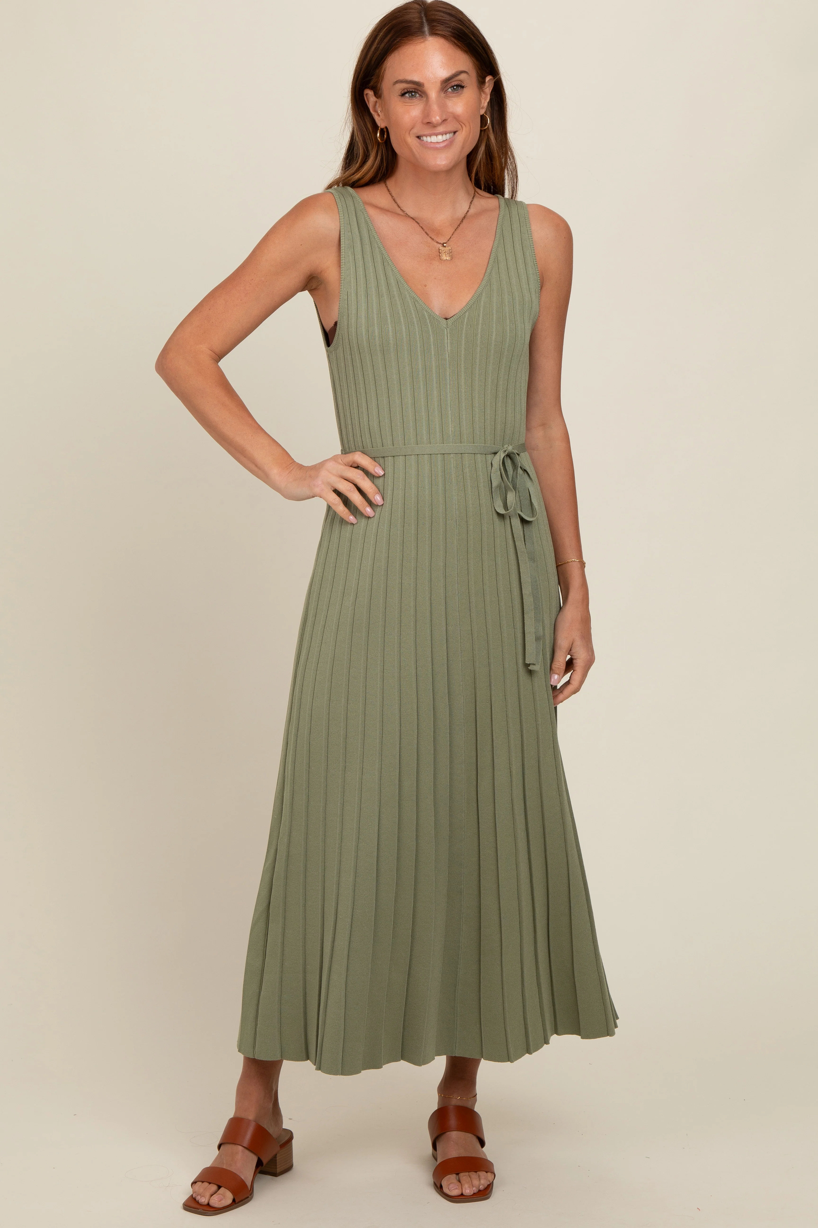 Light Olive Pleated V-Neck Waist Tie Sweater Maxi Dress - Image 2
