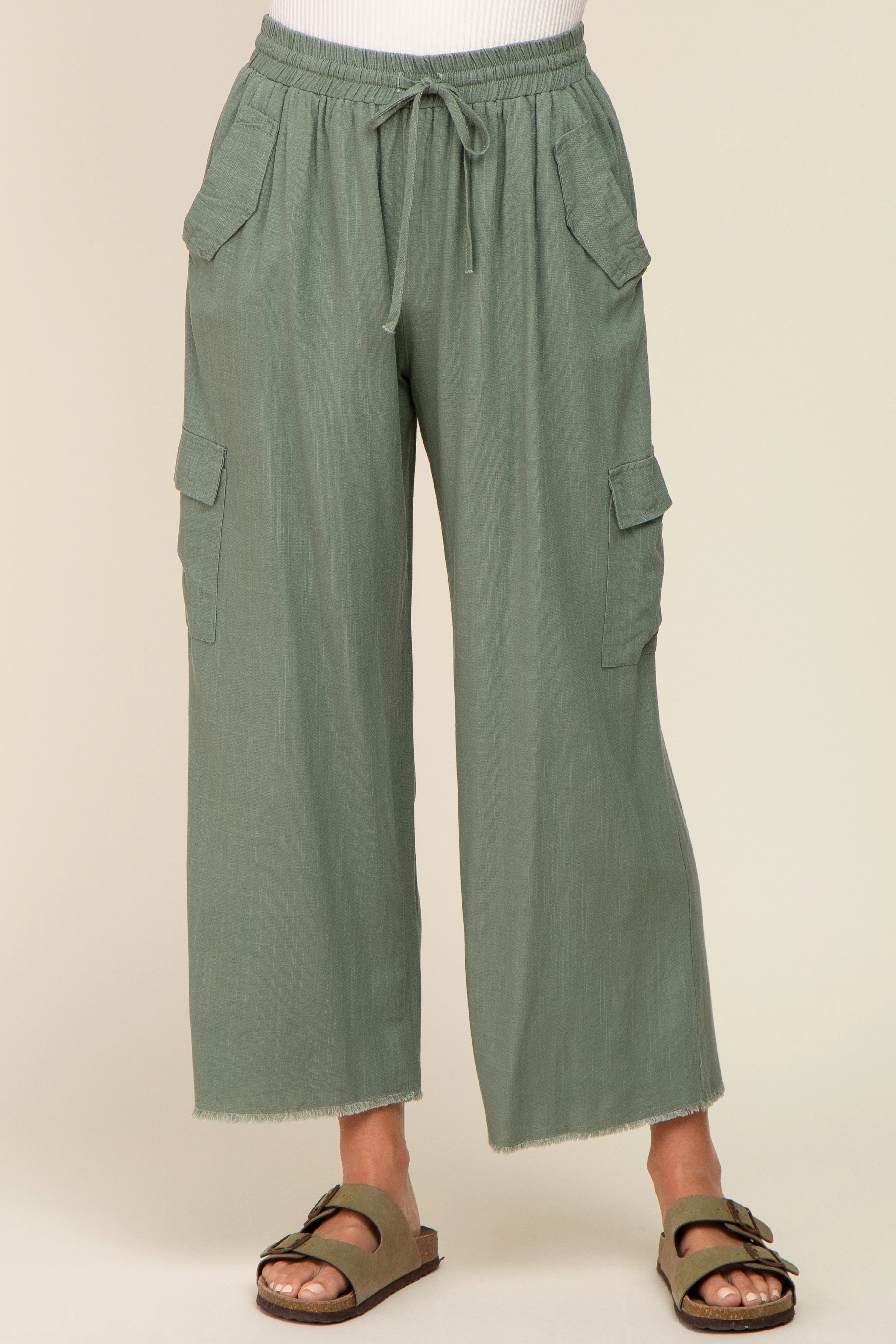 Light Olive Raw Hem Cargo Pants - Image 3