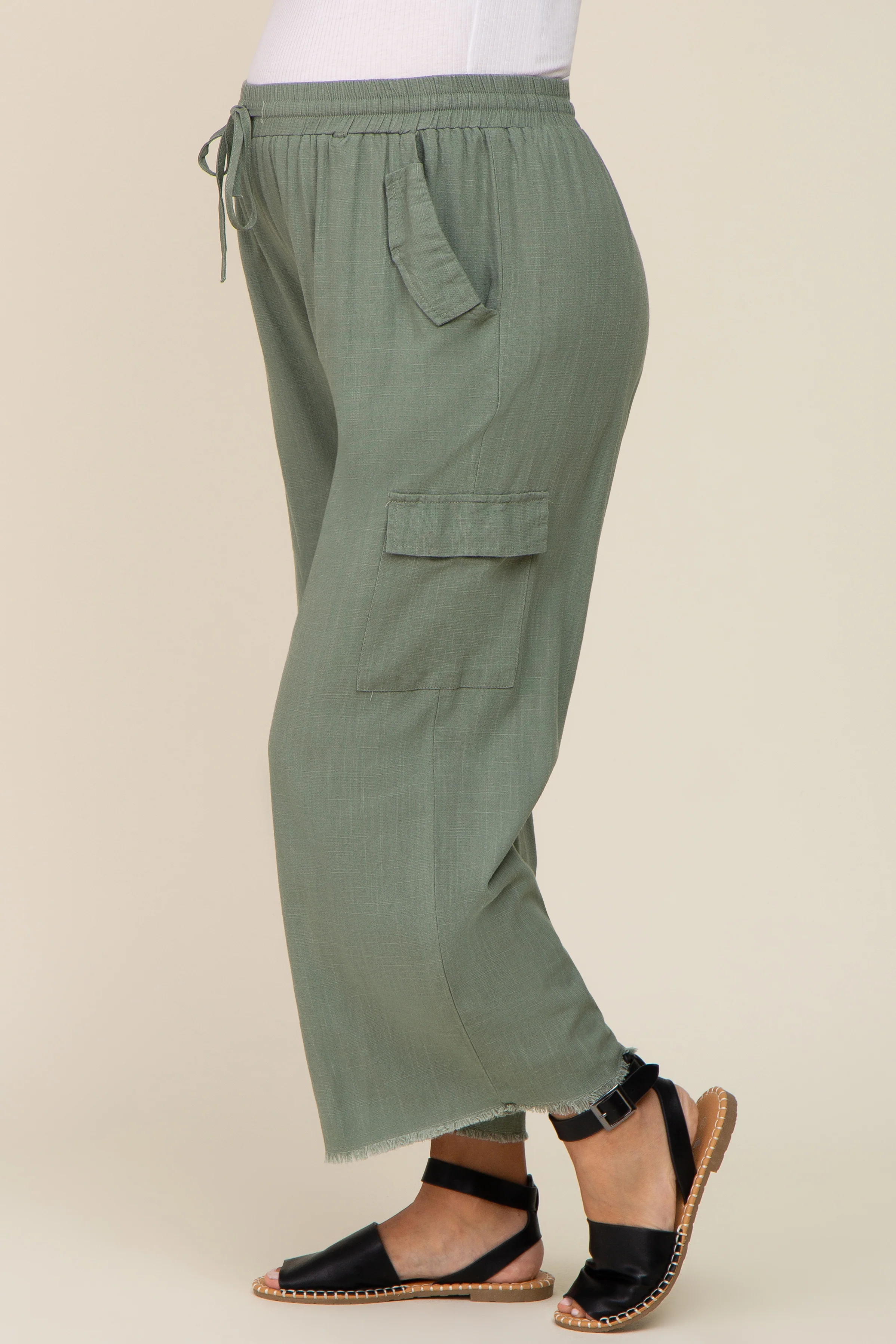 Light Olive Raw Hem Maternity Cargo Pants - Image 3