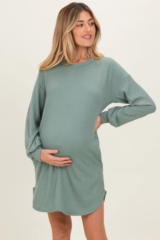 Light Olive Rib Knit Long Sleeve Maternity Dress - Image 2