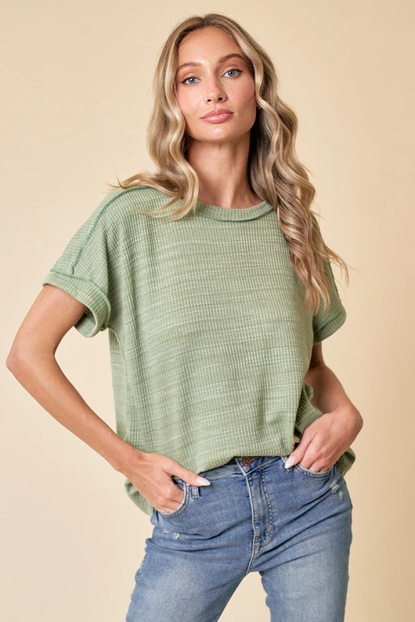 Light Olive Ribbed Exposed Seam Short Sleeve Maternity Top - Image 5