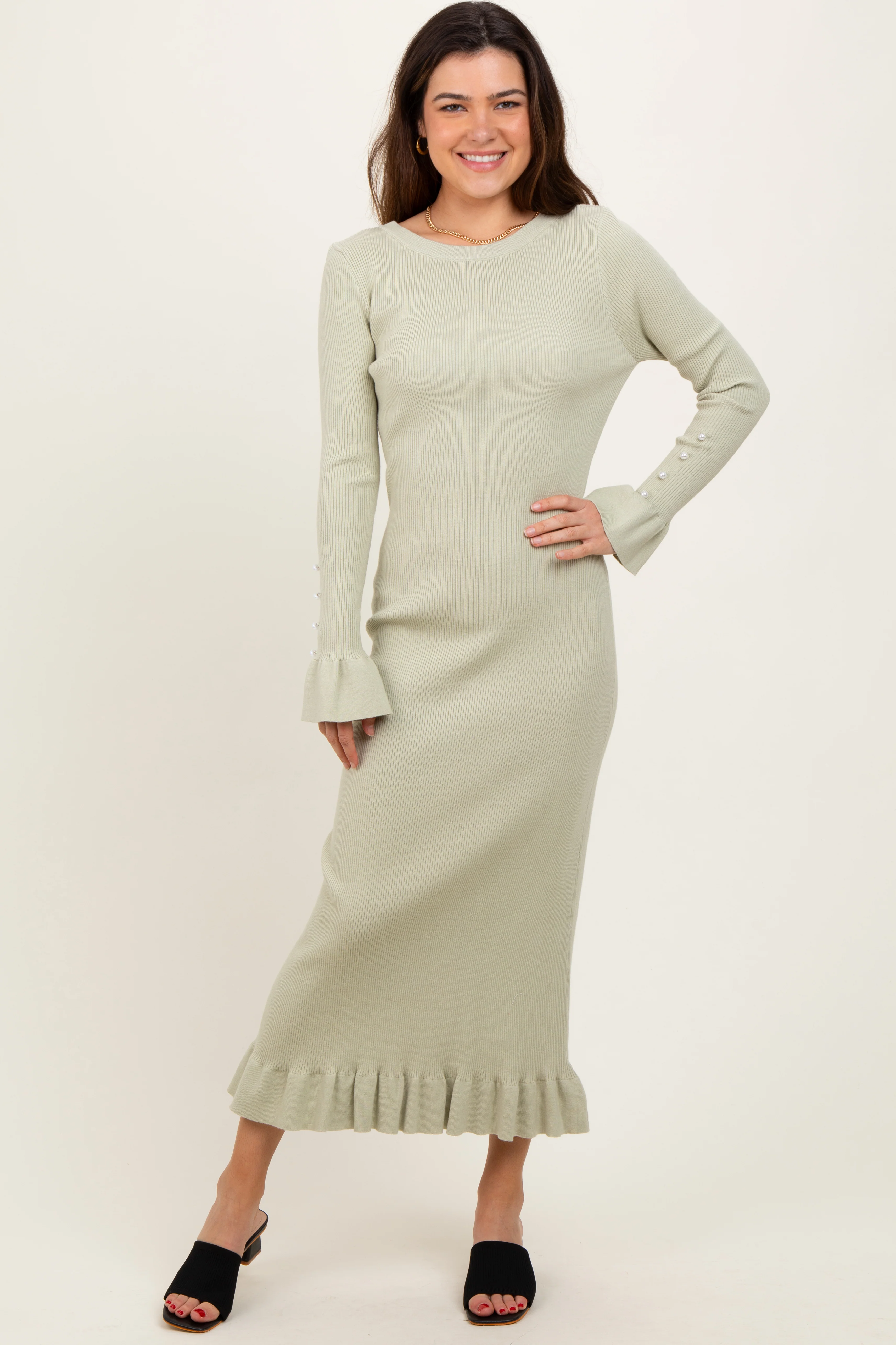 Light Olive Ribbed Knit Bow Back Maternity Maxi Dress - Image 4